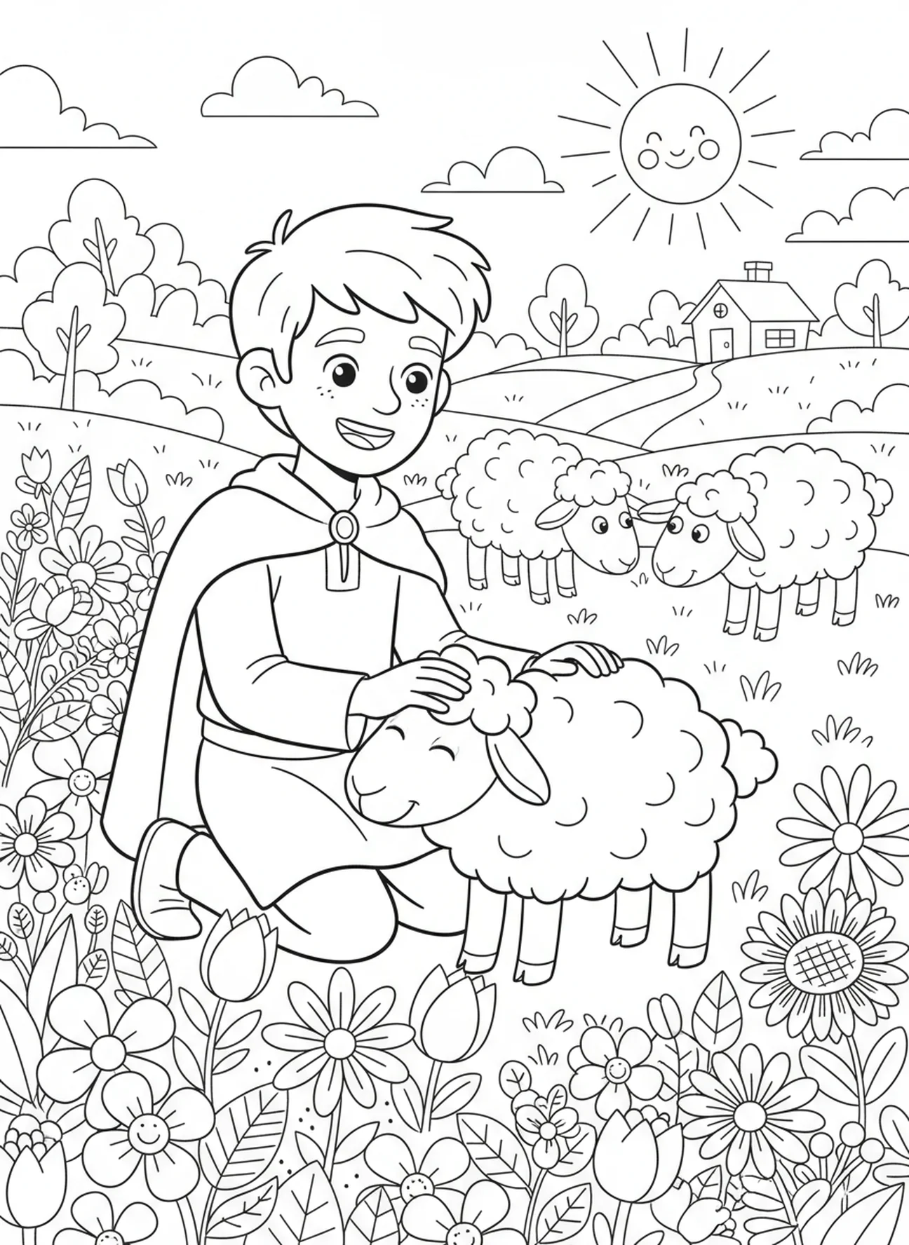 Shepherd kneeling by flowers with sheep, Good Shepherd coloring page for kids age 5-10
