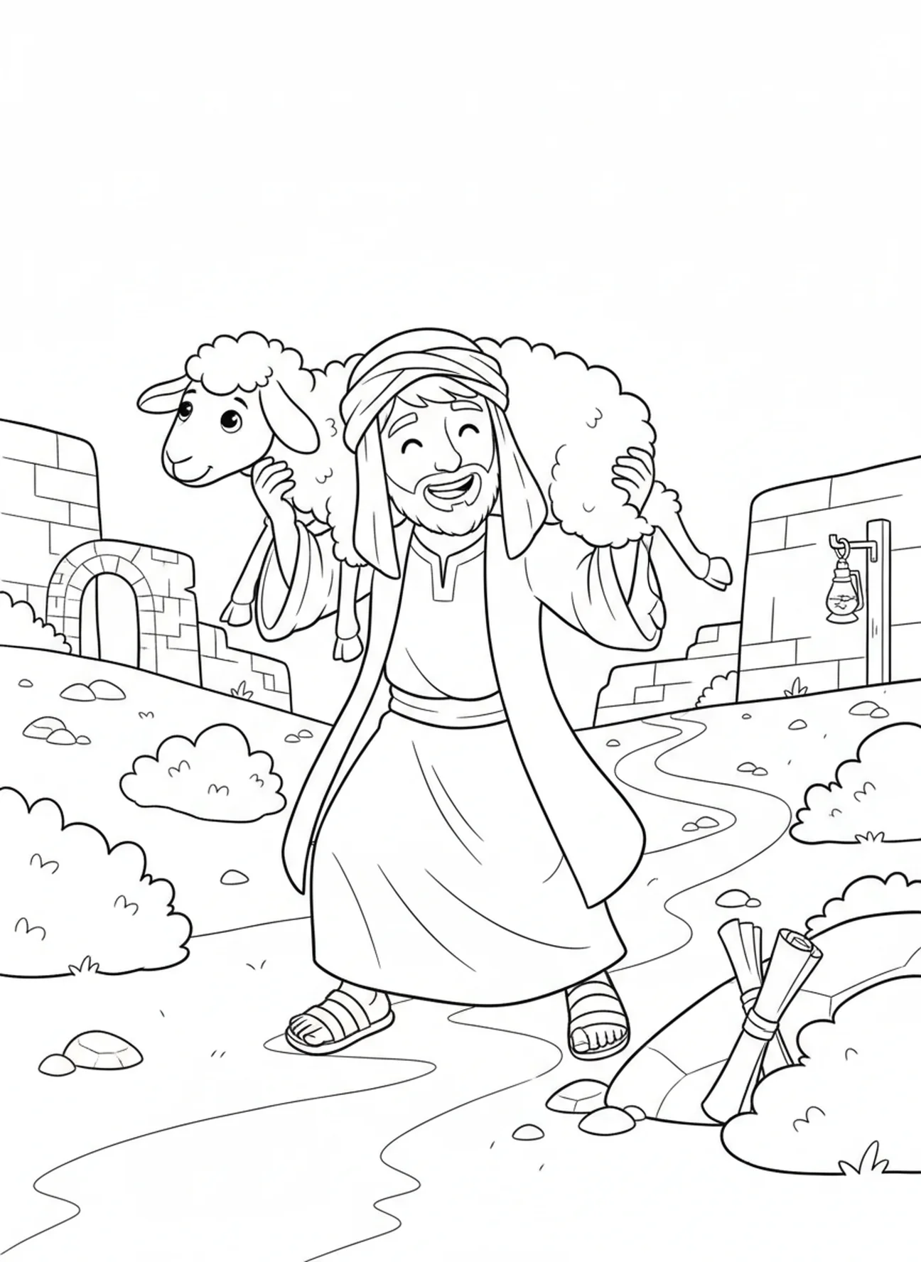 Berger portant une brebis, page à colorier du Bon Berger pour les enfants de l'École du dimanche âgés de 5 à 12 ans.