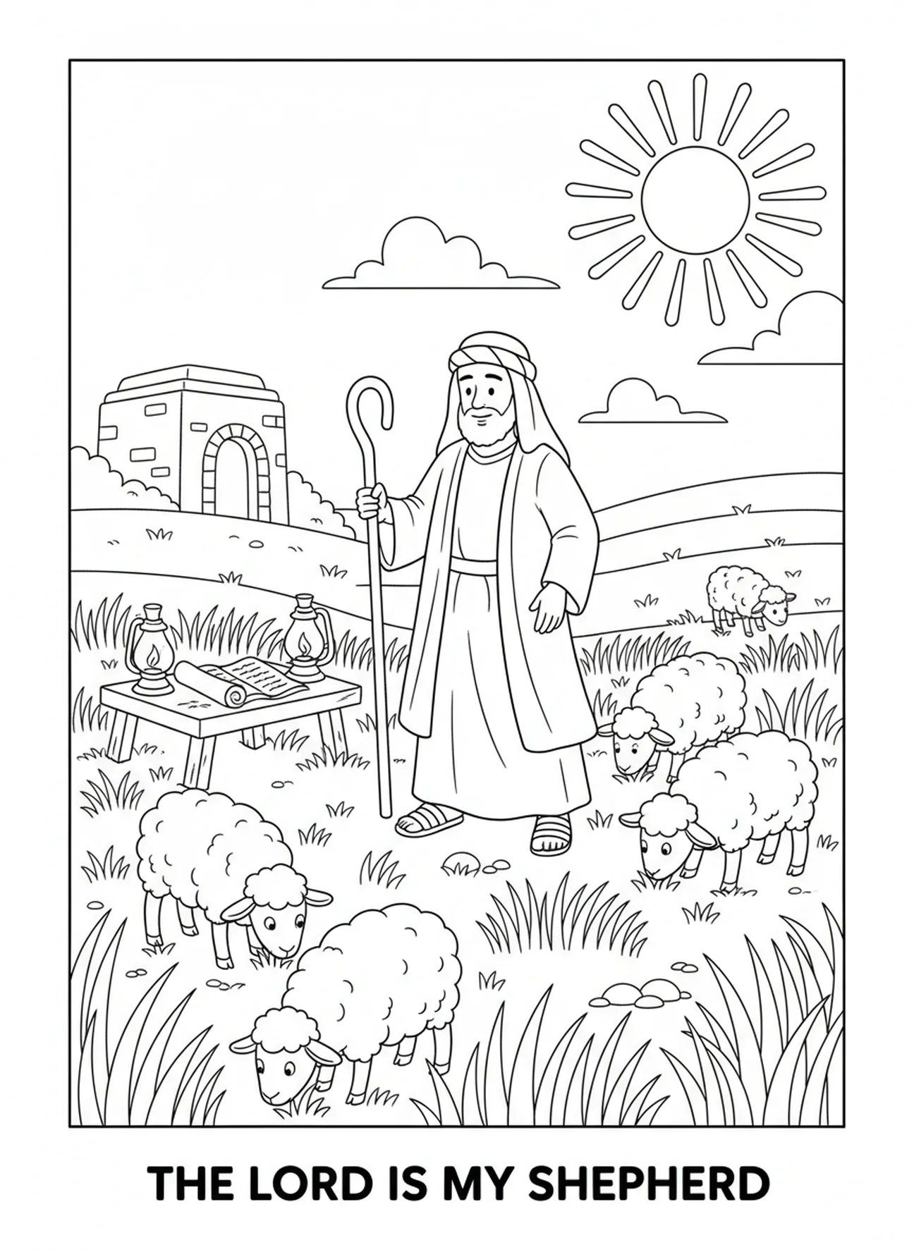 Moutons paissant, page à colorier du Bon Pasteur pour les enfants de l'École du dimanche âgés de 5 à 12 ans.