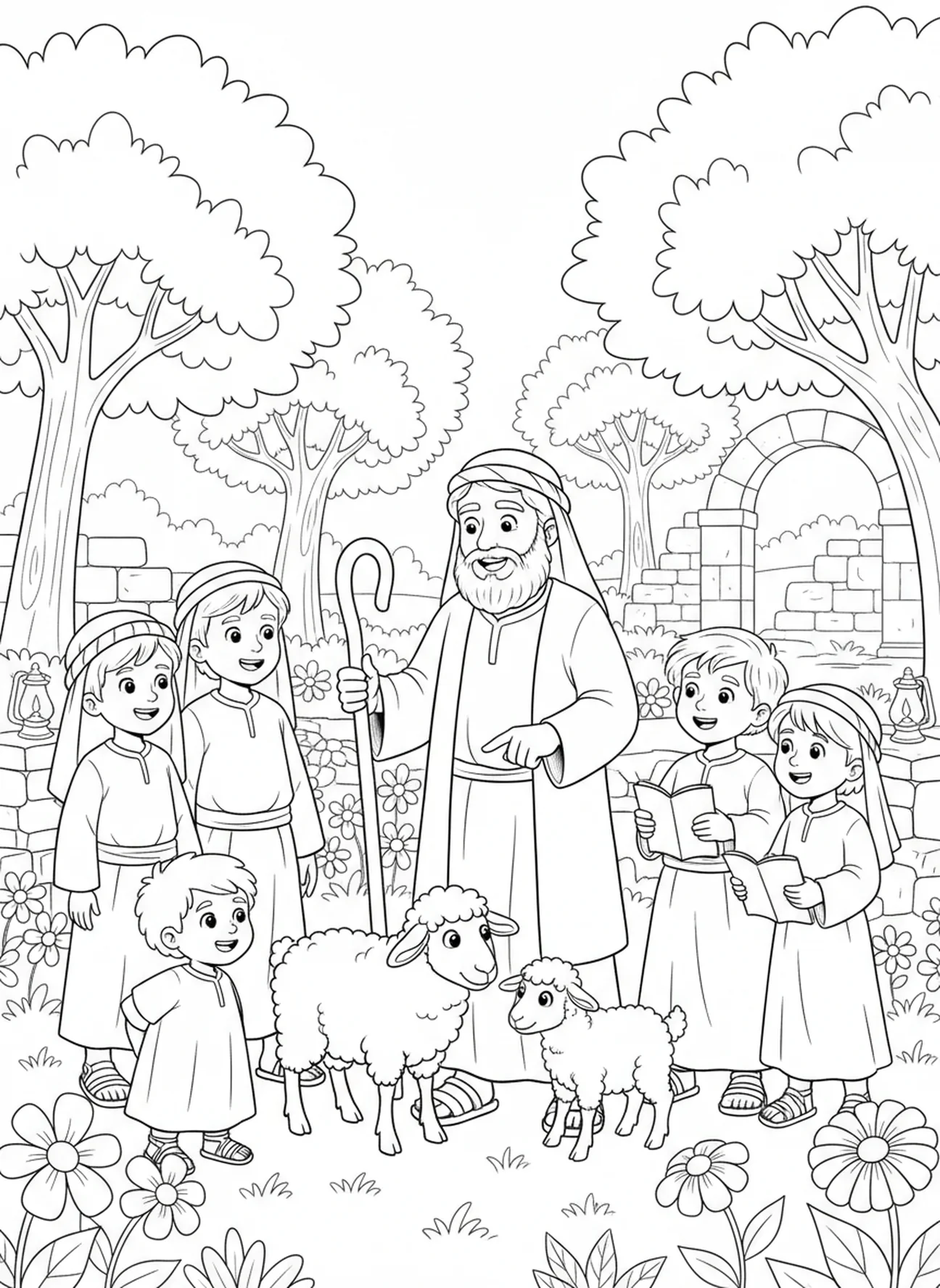 Pasteur avec des enfants, page à colorier du Bon Pasteur pour les enfants de l'École du dimanche âgés de 5 à 12 ans.