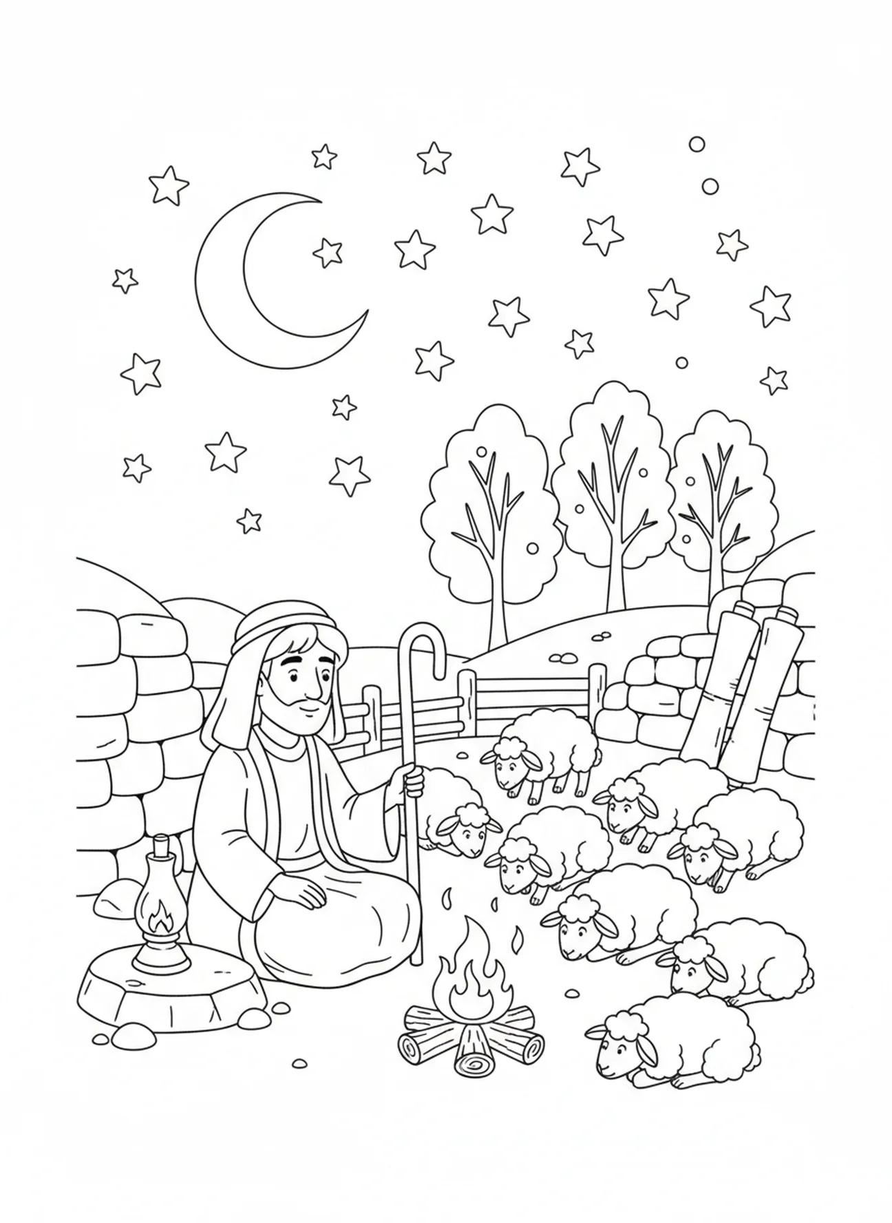 Berger près du feu, page à colorier du Bon Berger pour les enfants de l'École du dimanche âgés de 5 à 12 ans.