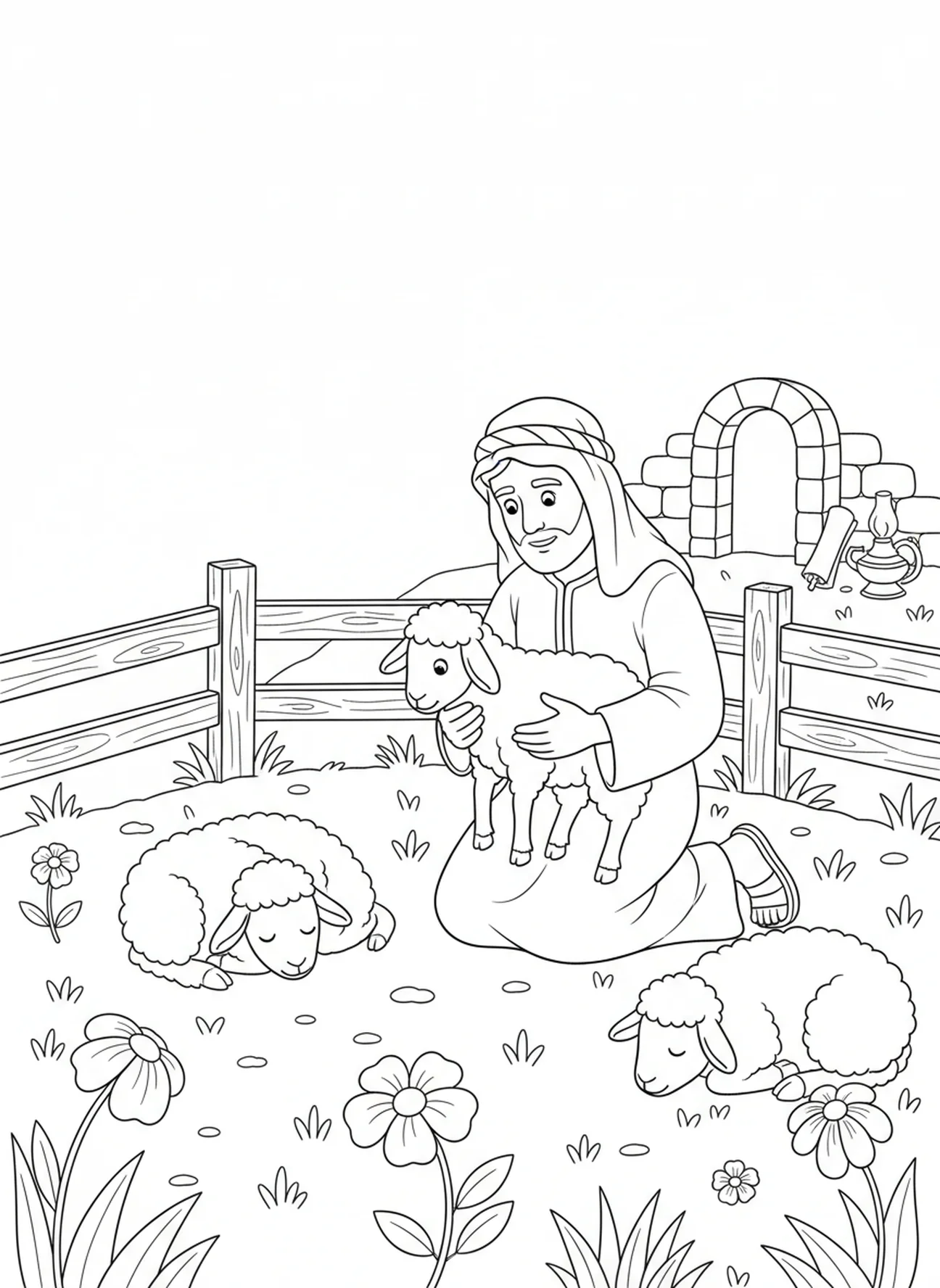 Pasteur examinant des moutons, page à colorier du Bon Pasteur pour les enfants de l'École du dimanche âgés de 5 à 12 ans.