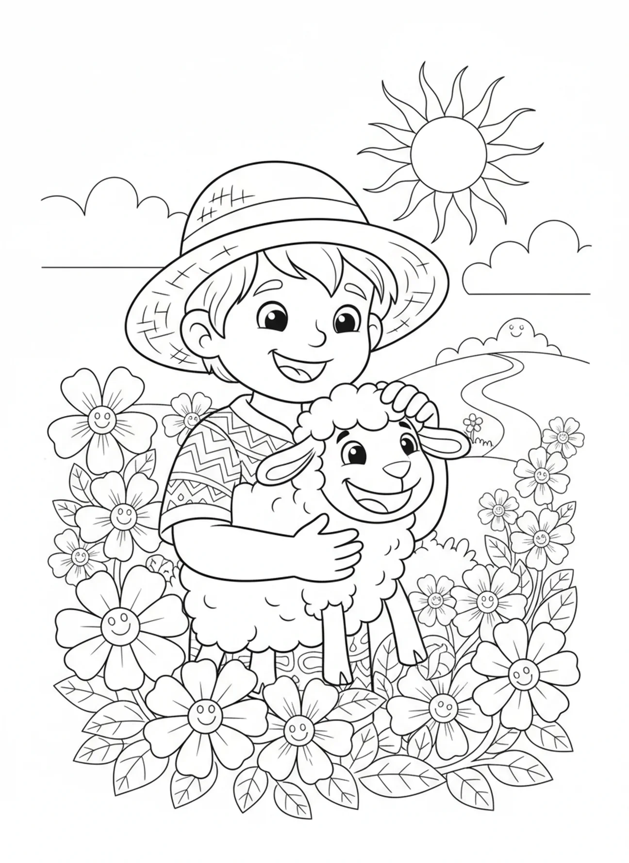Joyful reunion of shepherd and sheep, Lost Sheep coloring page for kids age 5-10