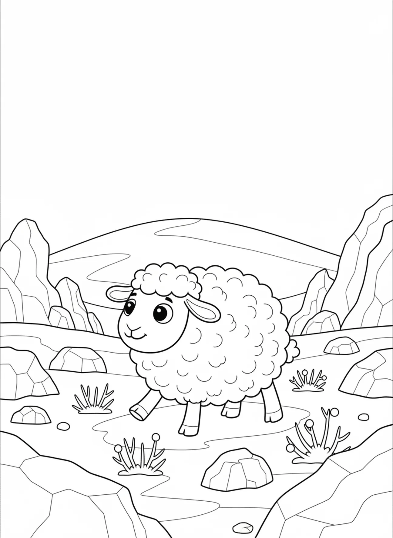 Fluffy sheep wandering alone, Lost Sheep coloring page for kids age 5-10
