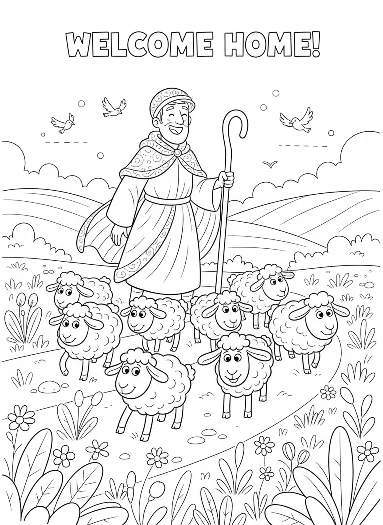 Shepherd leading sheep home, Lost Sheep coloring page for kids age 5-10