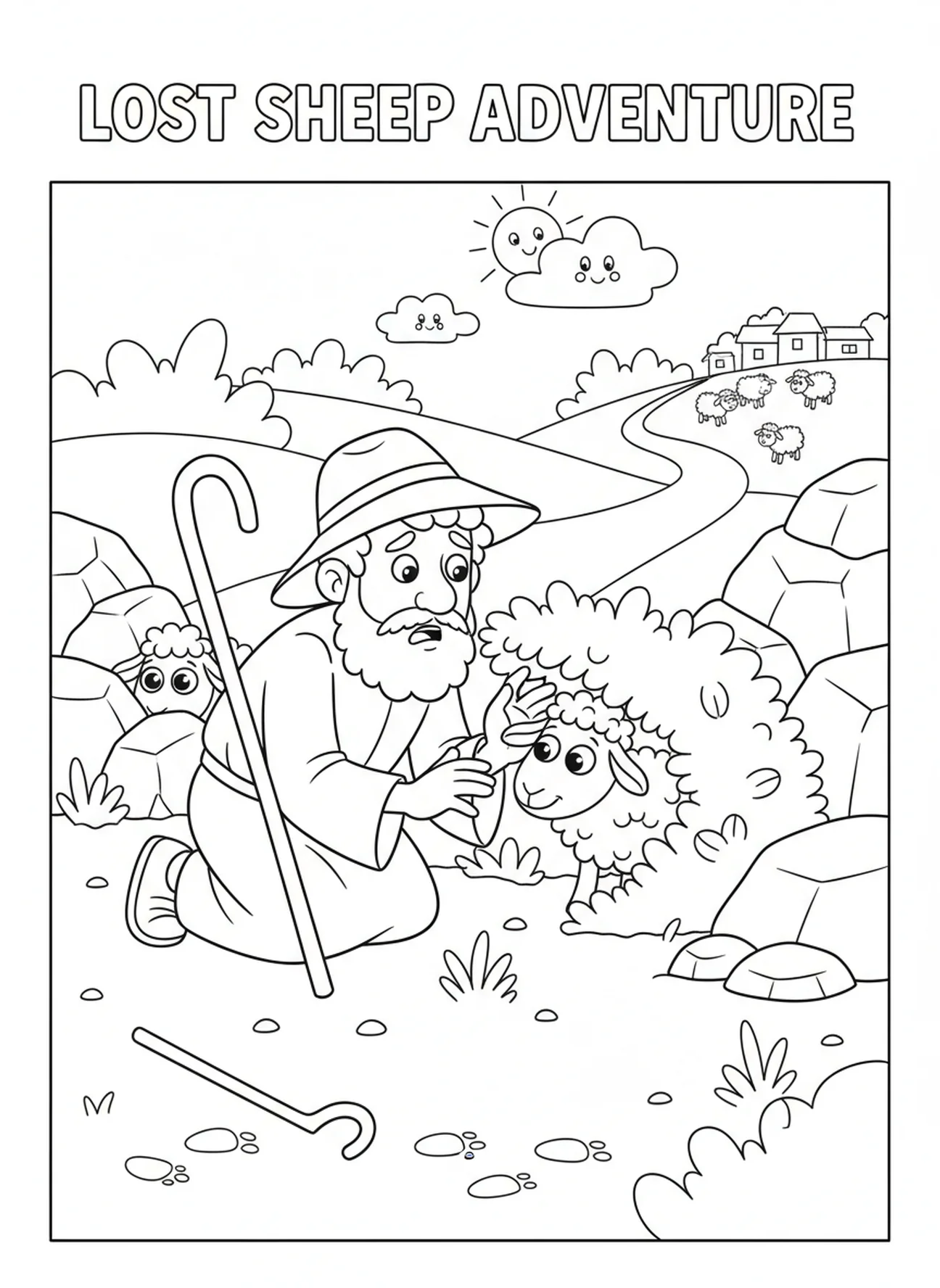 Concerned shepherd searching for sheep, Lost Sheep coloring page for kids age 5-10
