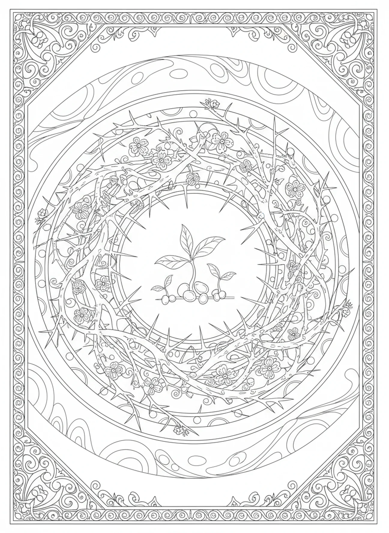 Thorny plants with seeds, Parable Of Sower coloring page for adults Bible journaling style.