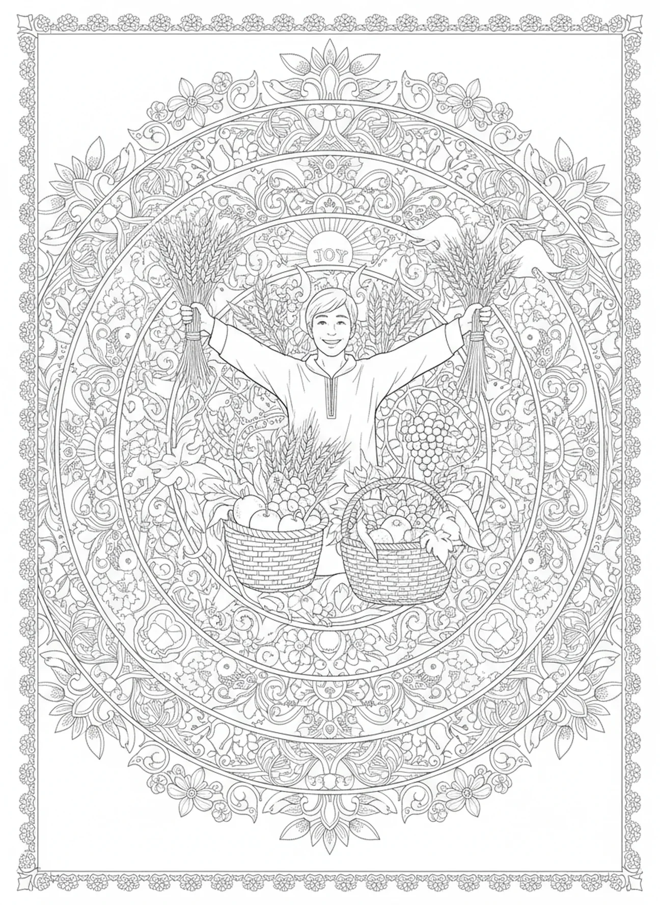 Sower gathering harvest, Parable Of Sower coloring page for adults Bible journaling style.