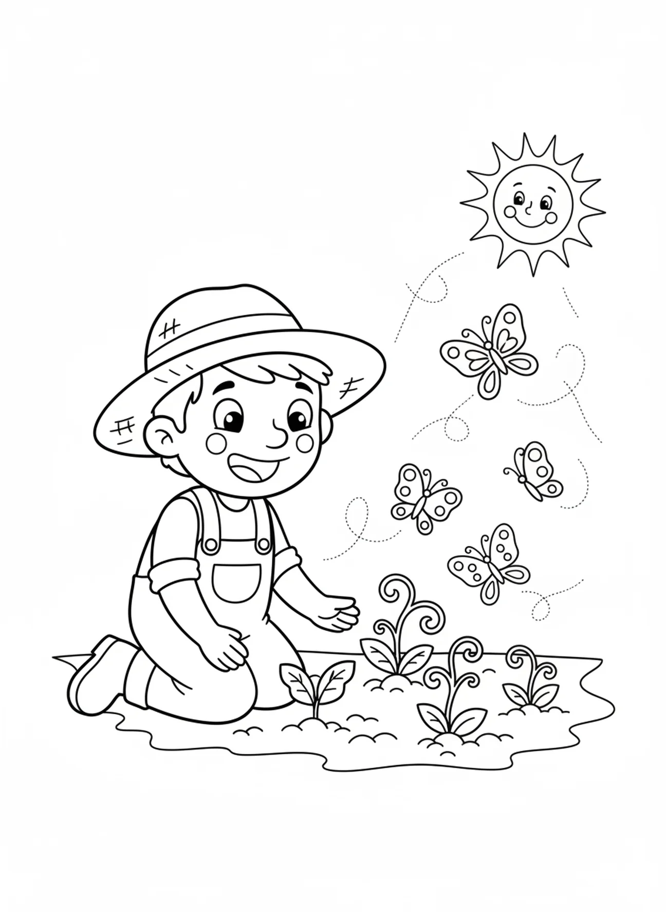 Happy farmer watching sprouting plants, Parable Of Sower coloring page for kids age 5-10