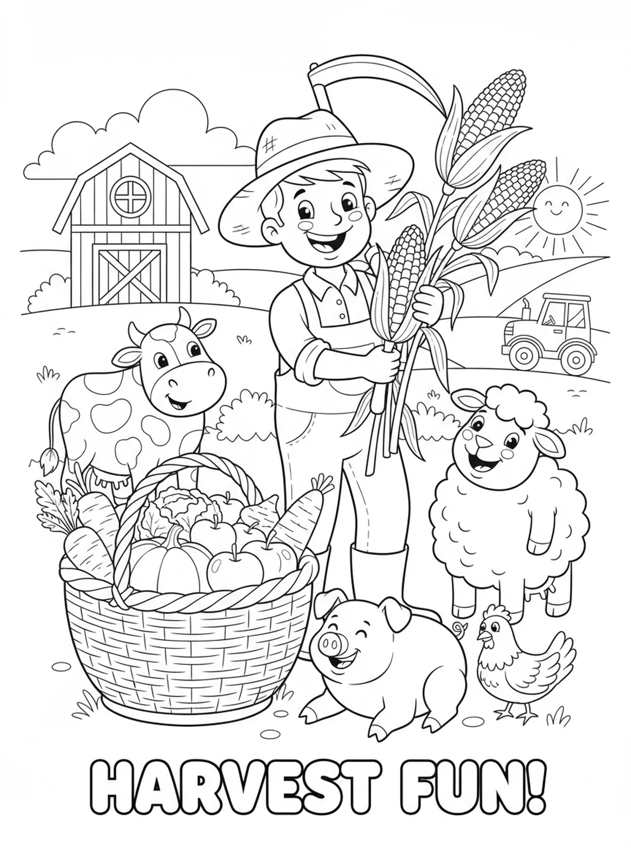 Joyful farmer harvesting crops with happy animals, Parable Of Sower coloring page for kids age 5-10