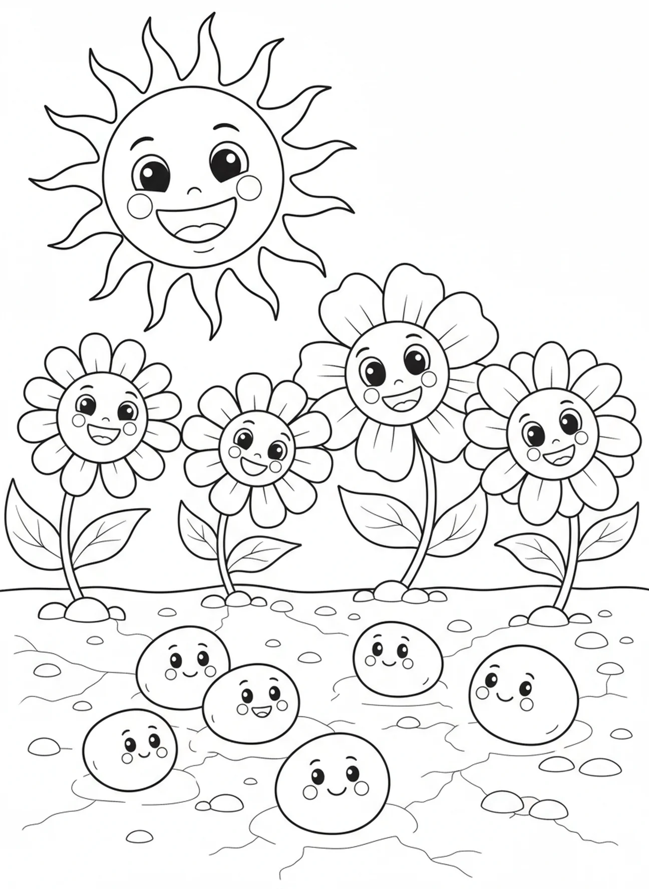 Seeds scattered on ground with smiling sun, Parable Of Sower coloring page for kids age 5-10