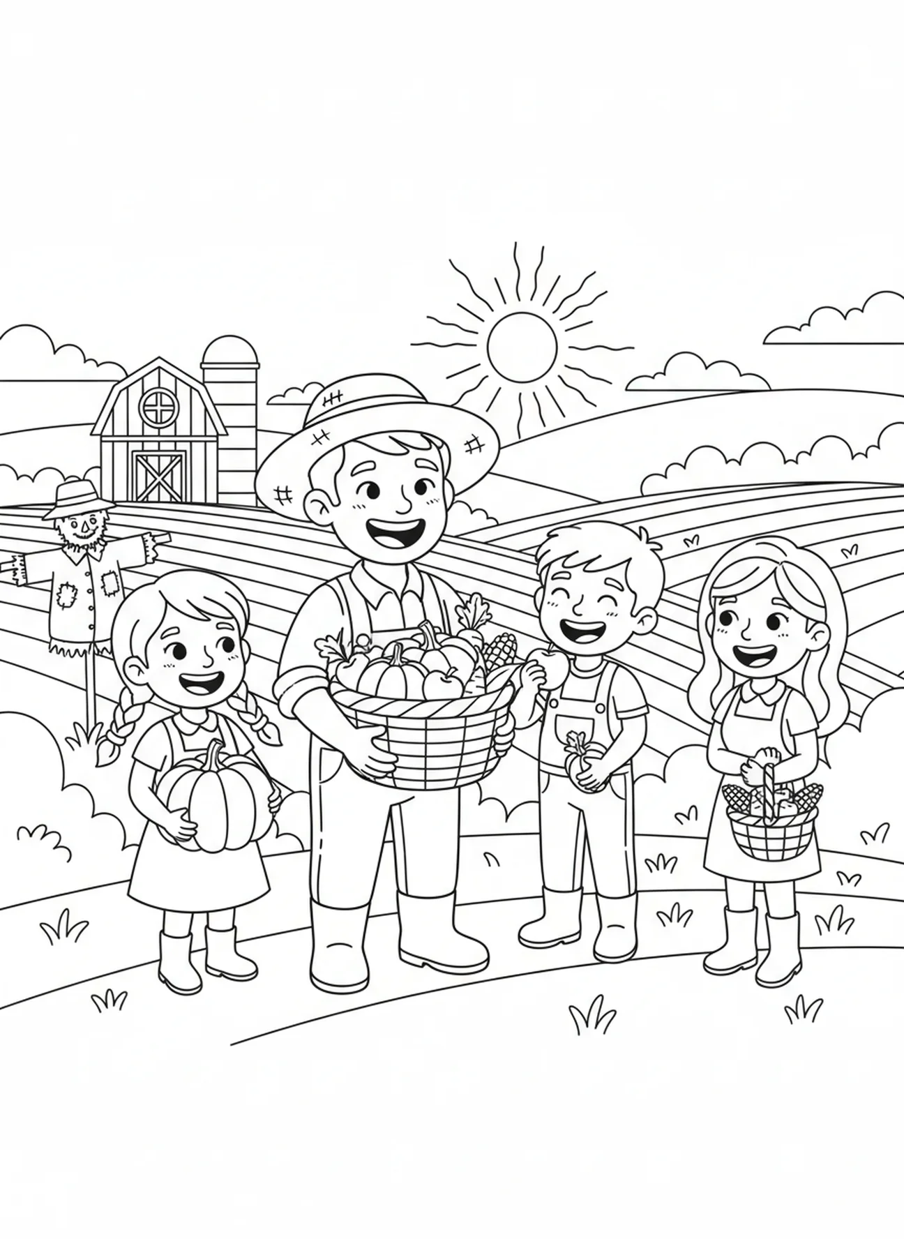 Farmer sharing harvest with friends in sunny field, Parable Of Sower coloring page for kids age 5-10