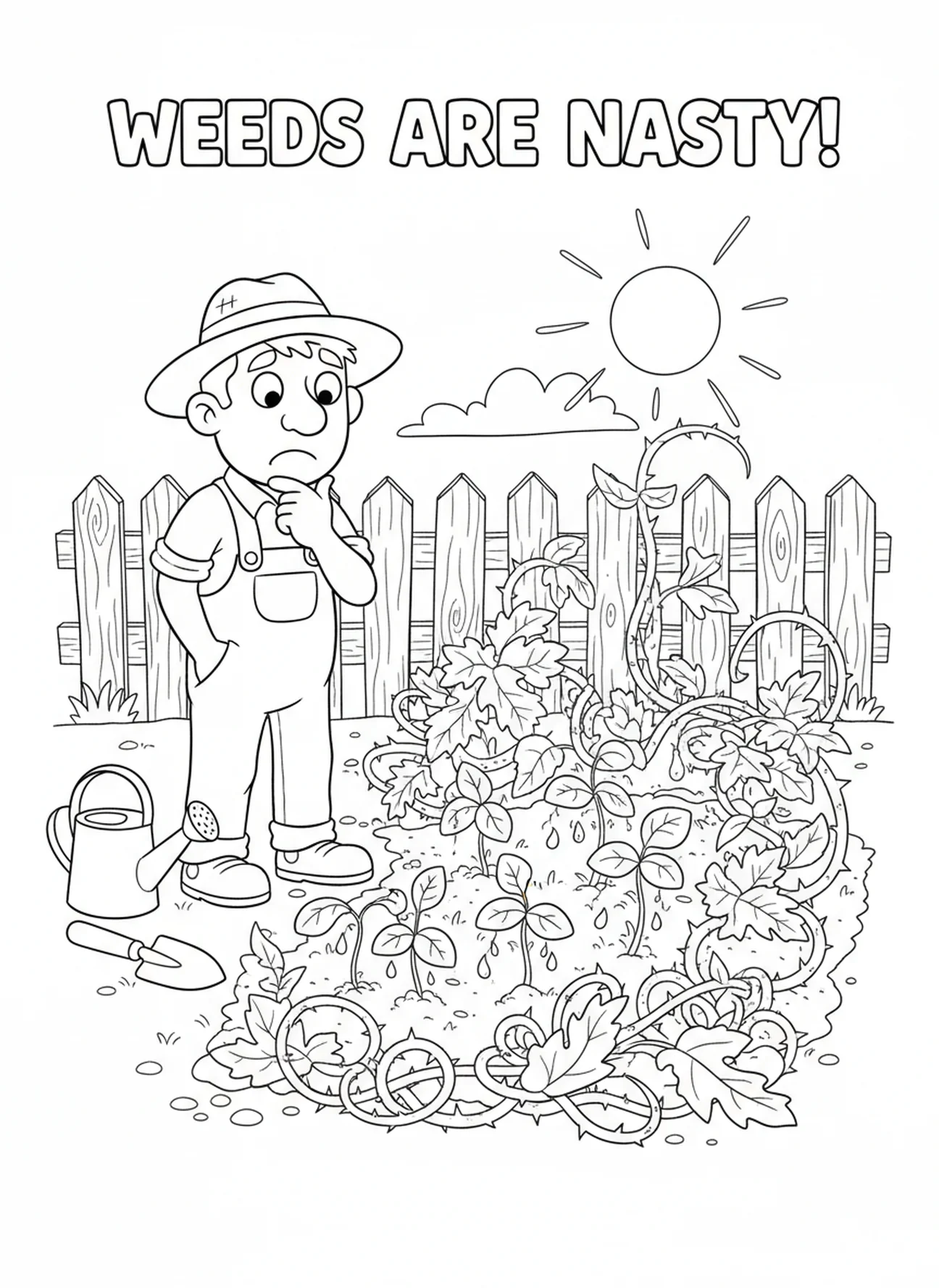 Weeds choking young plants with concerned farmer, Parable Of Sower coloring page for kids age 5-10