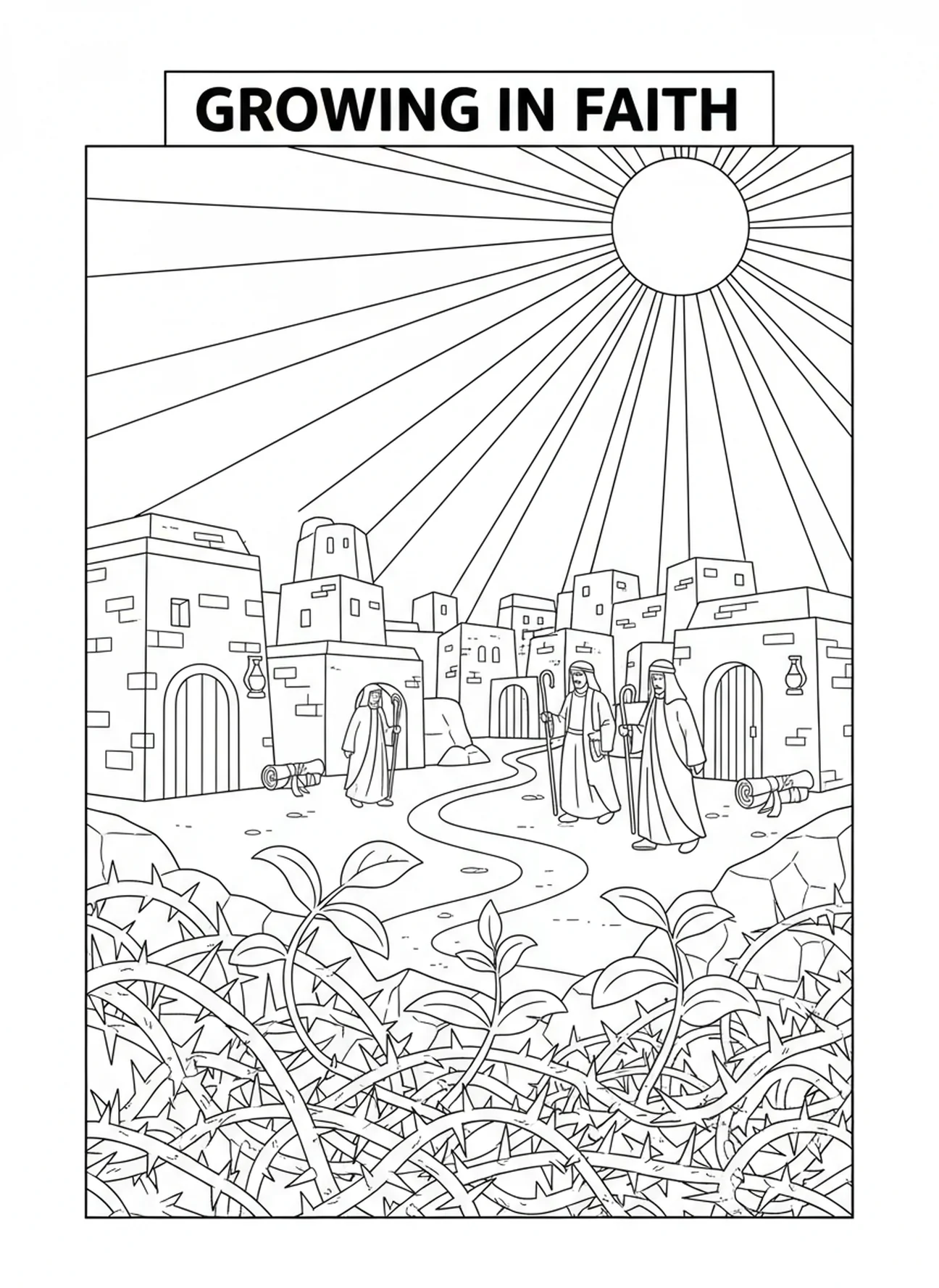 Young plants among thorns, Parable Of Sower coloring page for Sunday school children age 5-12