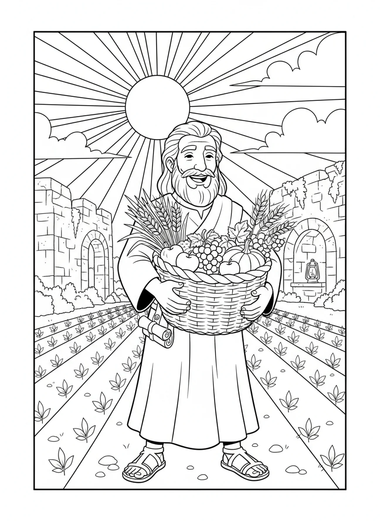 Sower holding gathered crops, Parable Of Sower coloring page for Sunday school children age 5-12