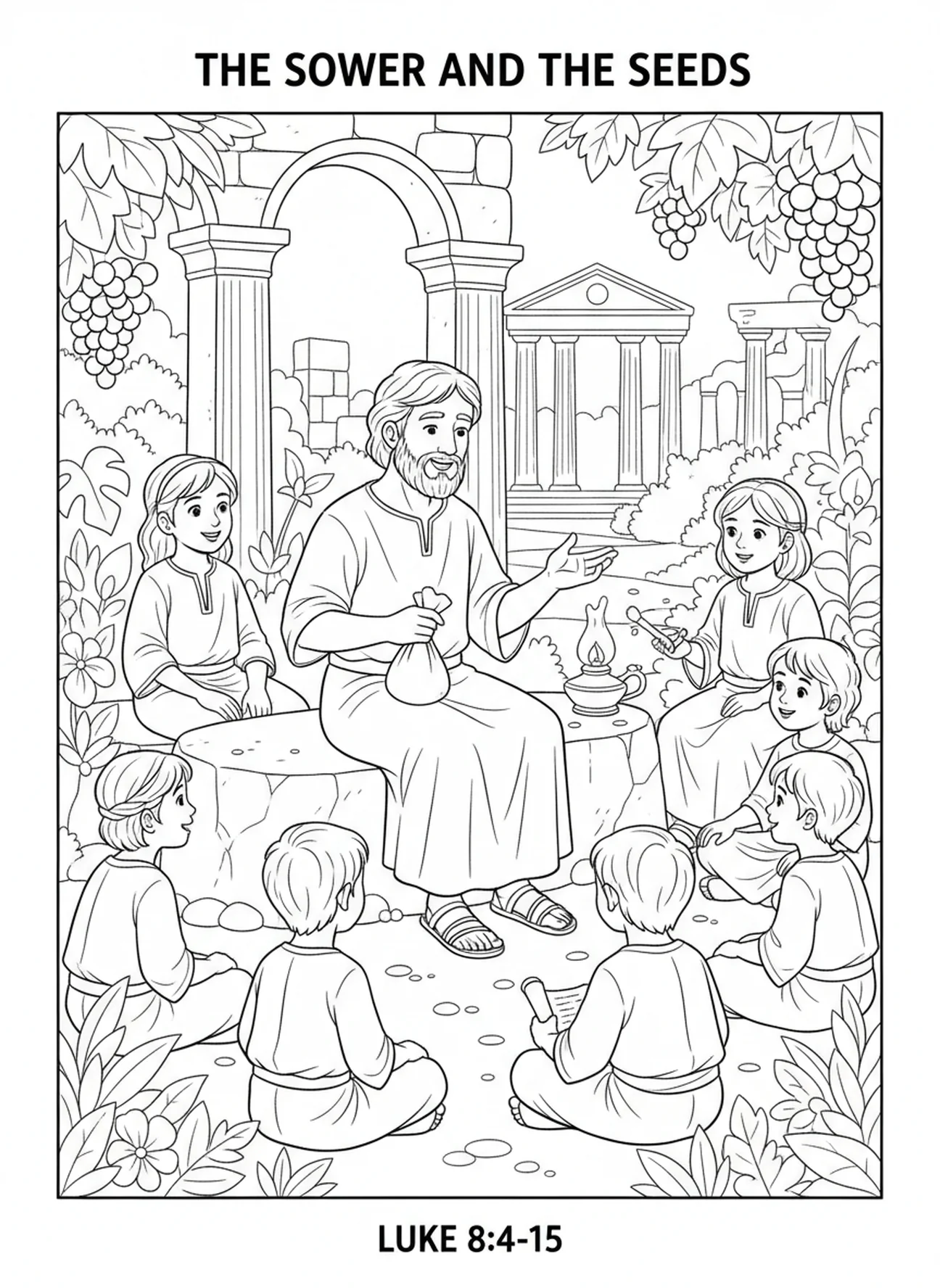 Sower teaching children, Parable Of Sower coloring page for Sunday school children age 5-12