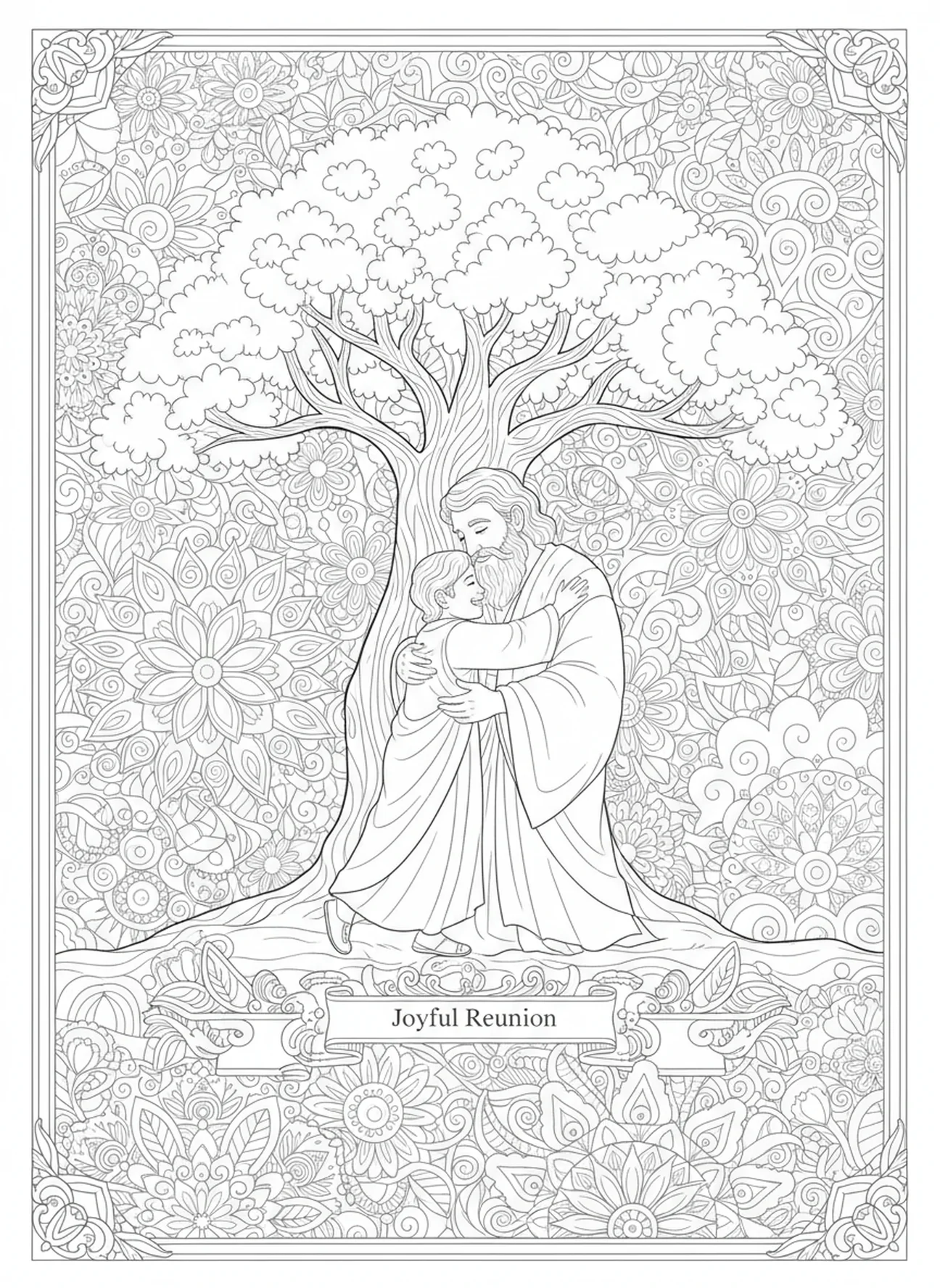 Father and son reunion under tree, Prodigal Son coloring page for adults Bible journaling style.