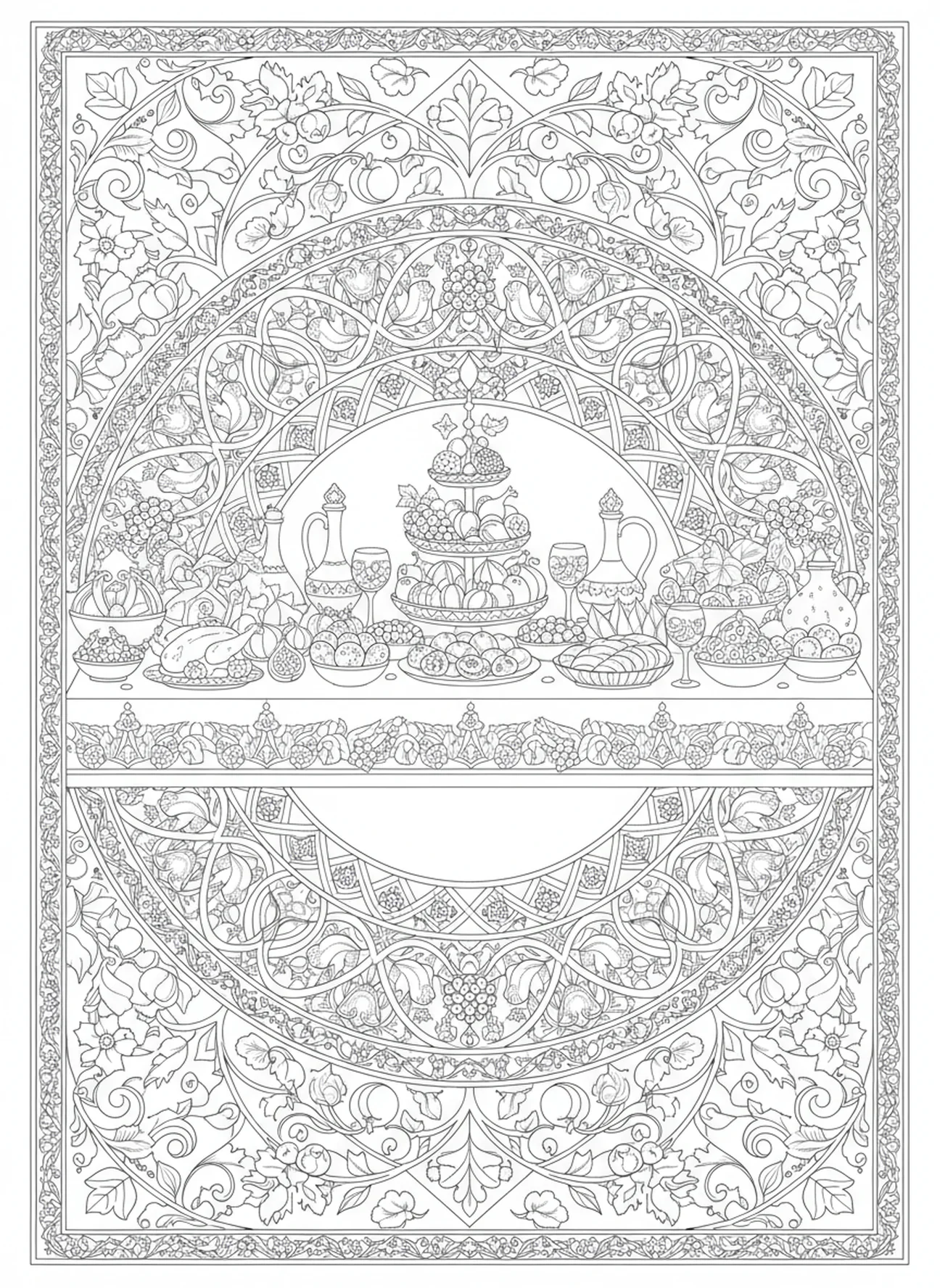 Grand feast celebration, Prodigal Son coloring page for adults Bible journaling style.