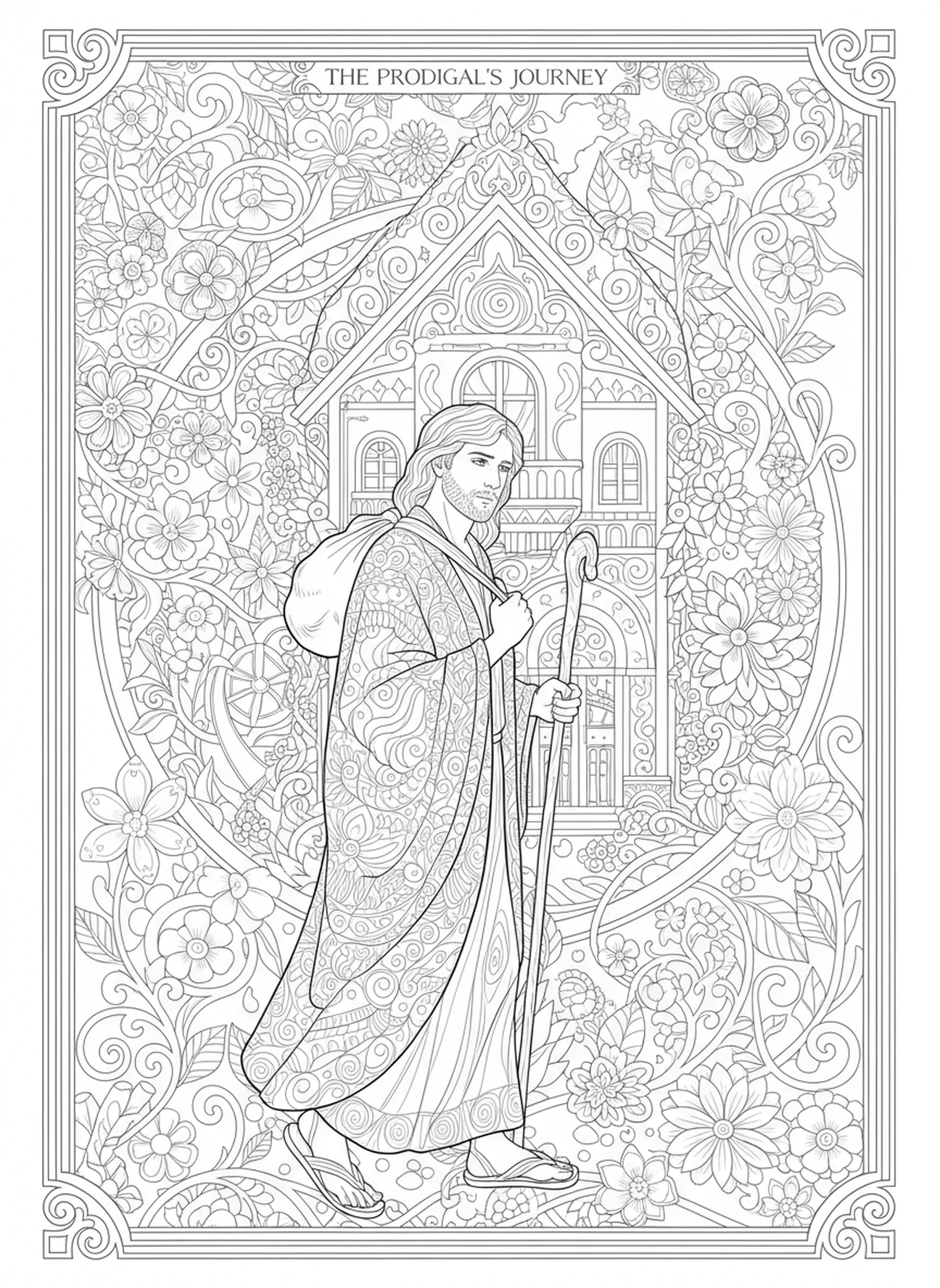 Prodigal son leaving home, Prodigal Son coloring page for adults Bible journaling style.