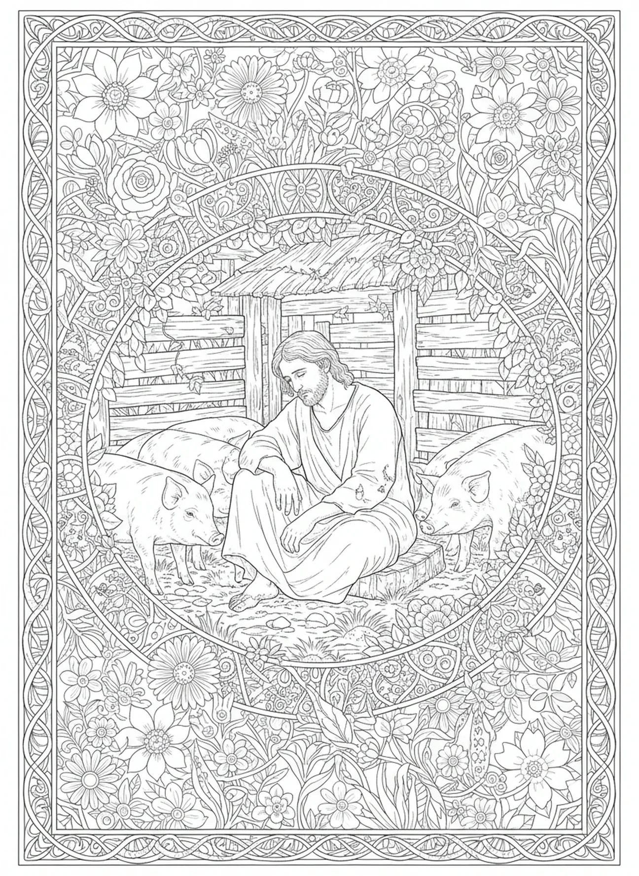 Prodigal son among pigs, Prodigal Son coloring page for adults Bible journaling style.