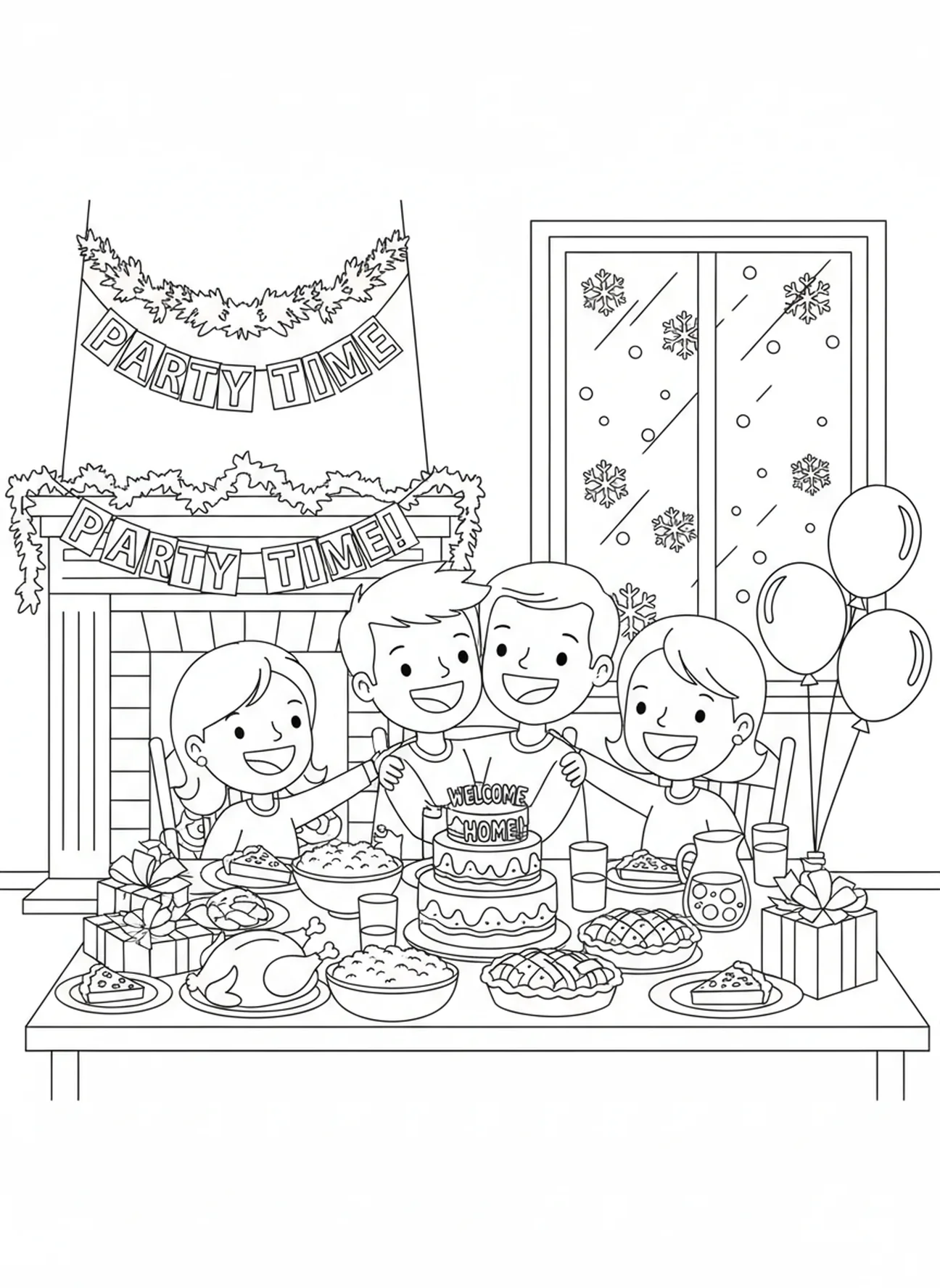 Festive dinner table celebration, Prodigal Son coloring page for kids age 5-10