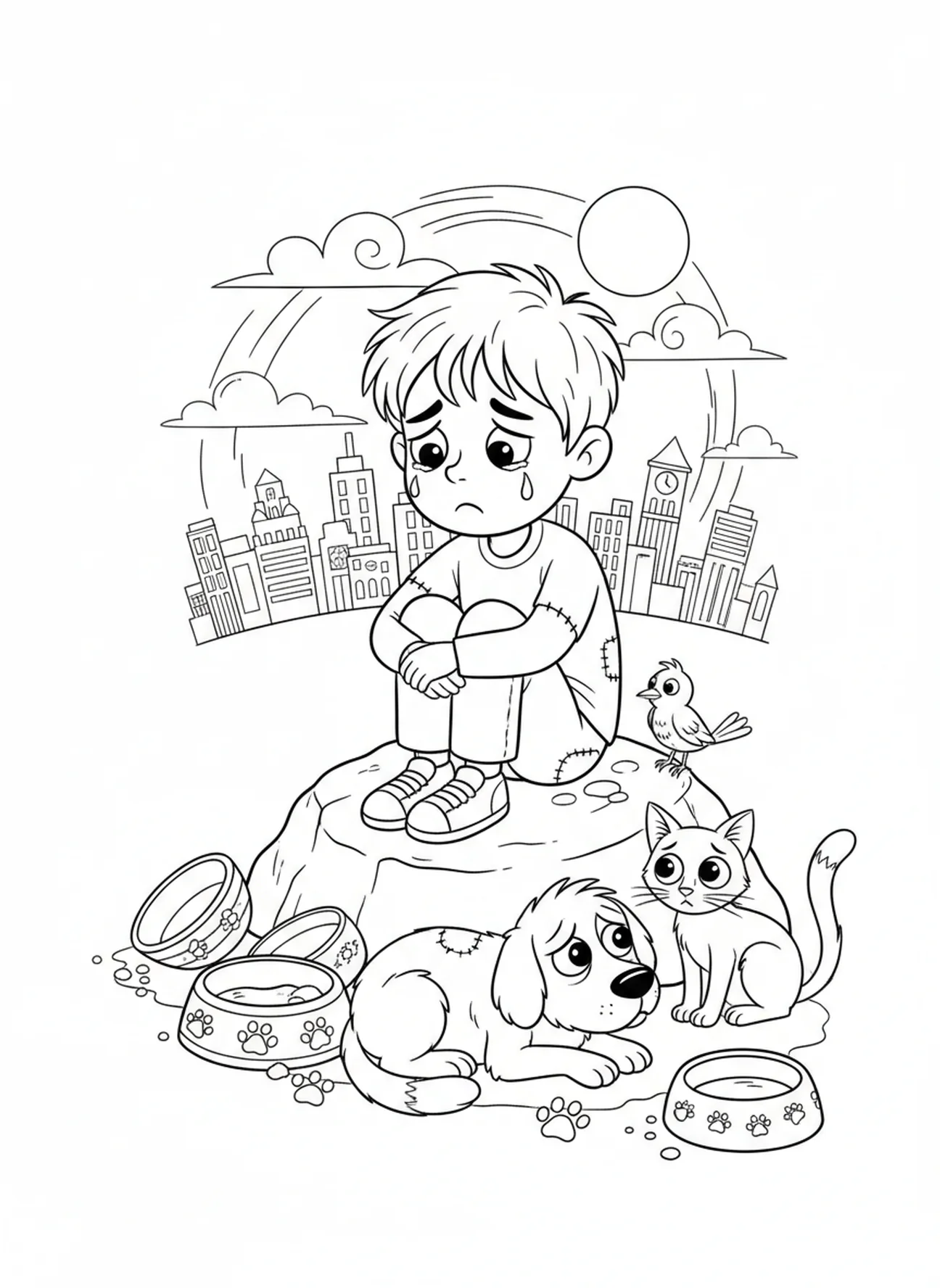 Sad young boy on a rock, Prodigal Son coloring page for kids age 5-10