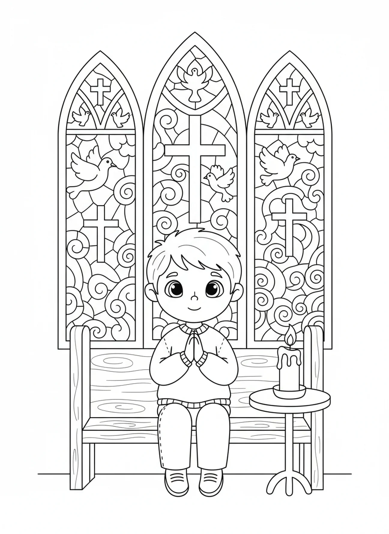 Niño sentado en la iglesia orando, página para colorear de Manos en Oración para niños de 5 a 10 años
