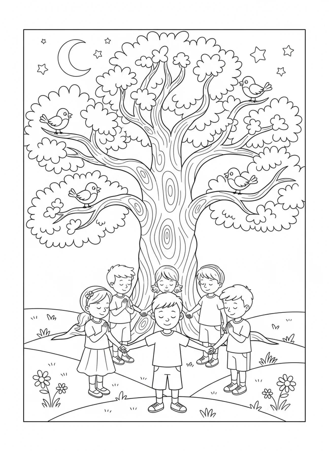 Grupo de niños tomados de la mano en oración, página para colorear de Manos en Oración para niños de 5 a 10 años