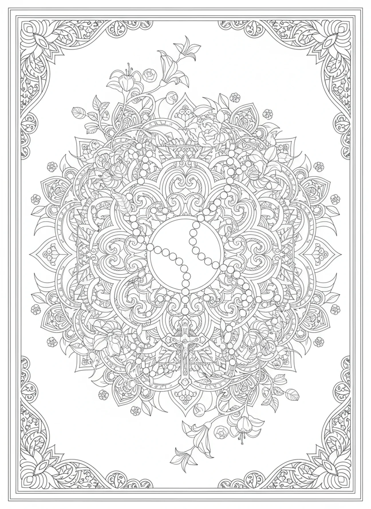 Rosary with vines and flowers, Rosary coloring page for adults Bible journaling style.