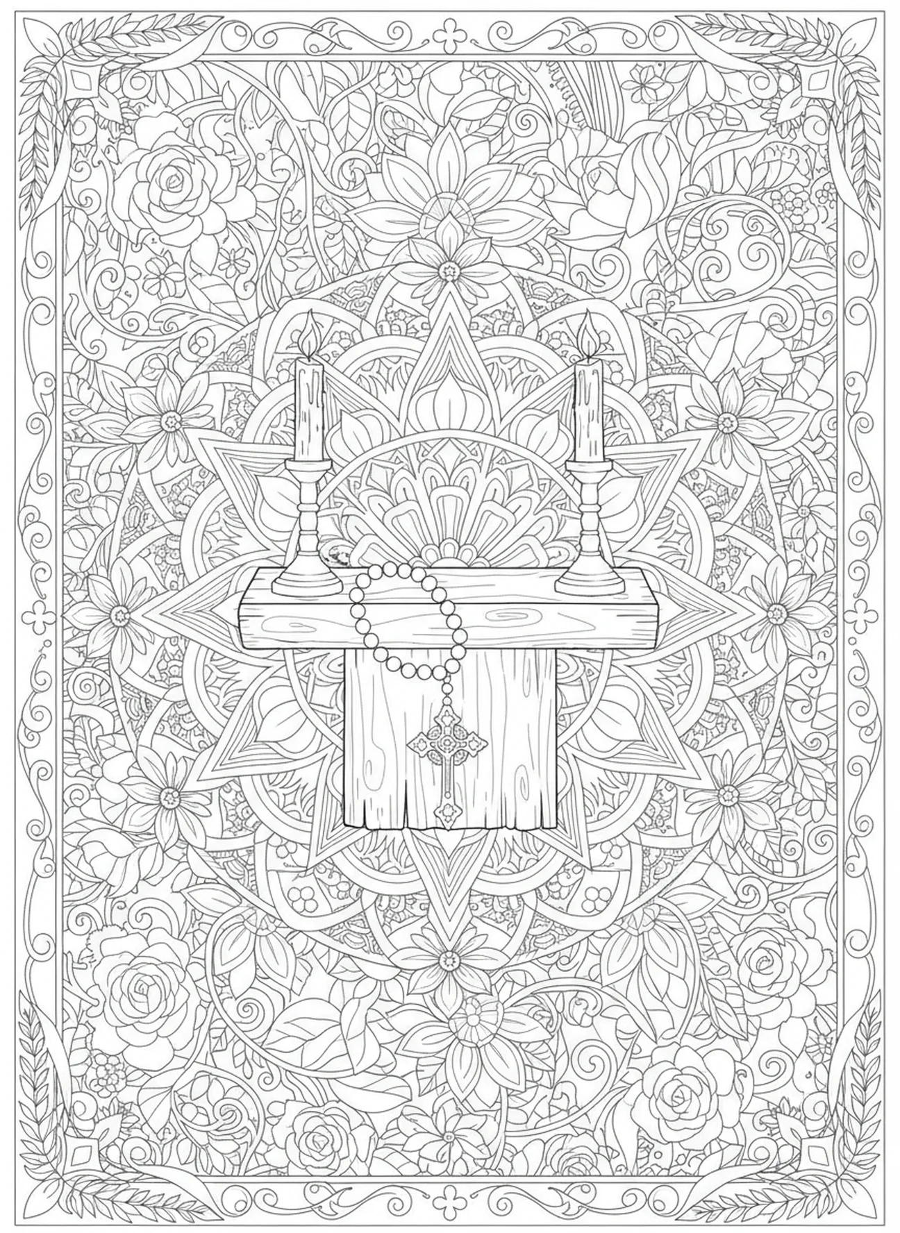 Meditation space with rosary, Rosary coloring page for adults Bible journaling style.