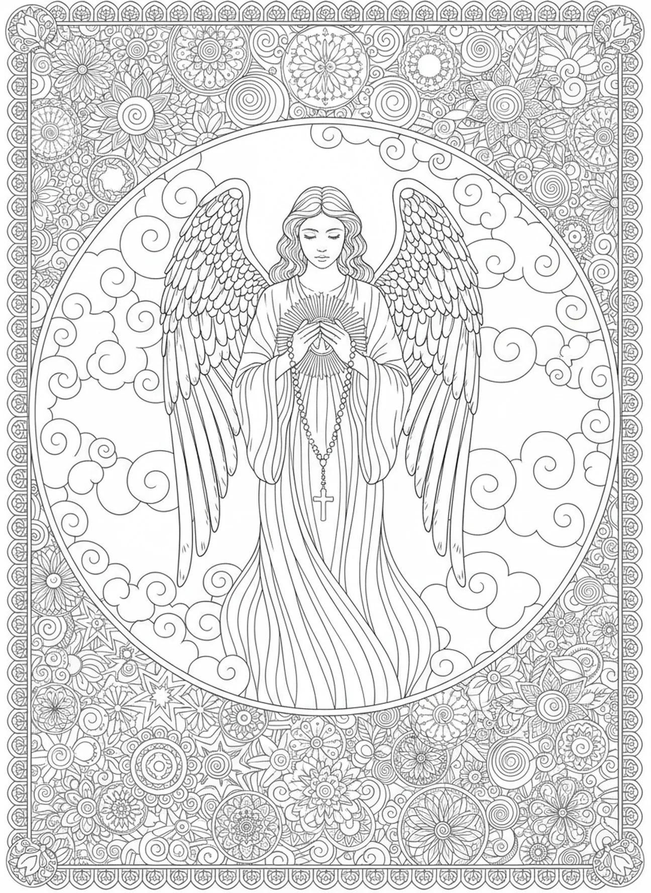 Angelic figure with rosary, Rosary coloring page for adults Bible journaling style.
