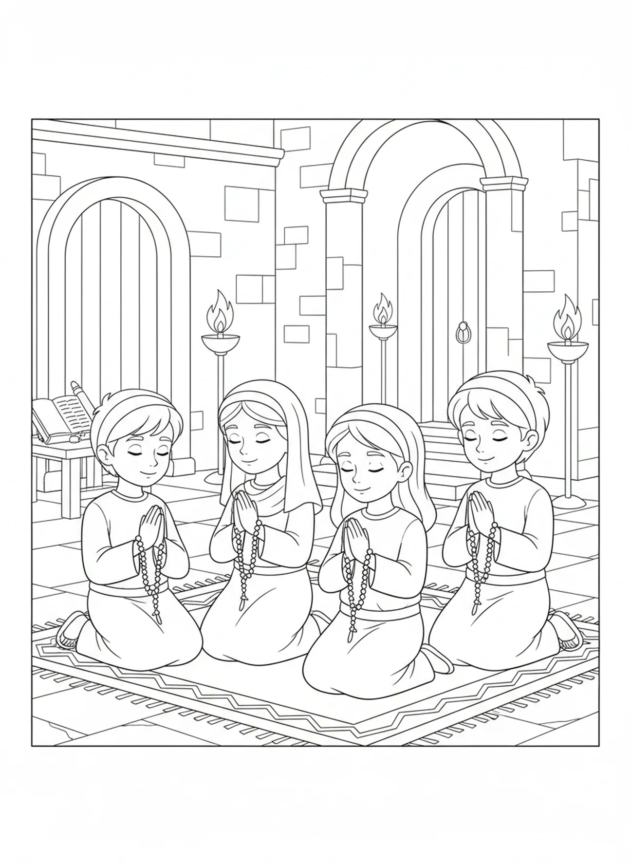 Groupe d'enfants priant, page à colorier de chapelet pour les enfants de l'École du dimanche âgés de 5 à 12 ans.