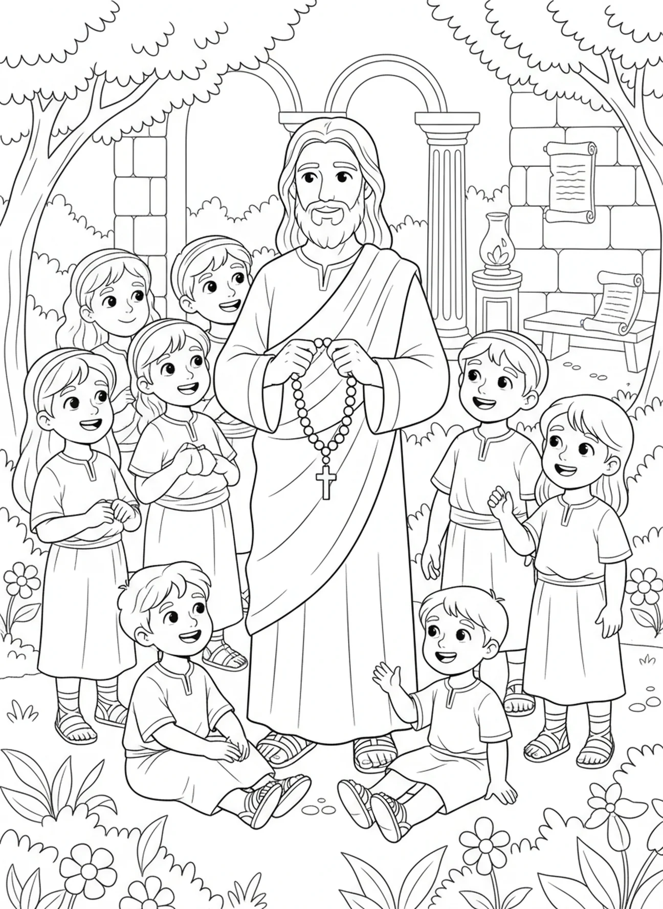 Jésus souriant, page à colorier du Rosaire pour les enfants de l'École du dimanche âgés de 5 à 12 ans.