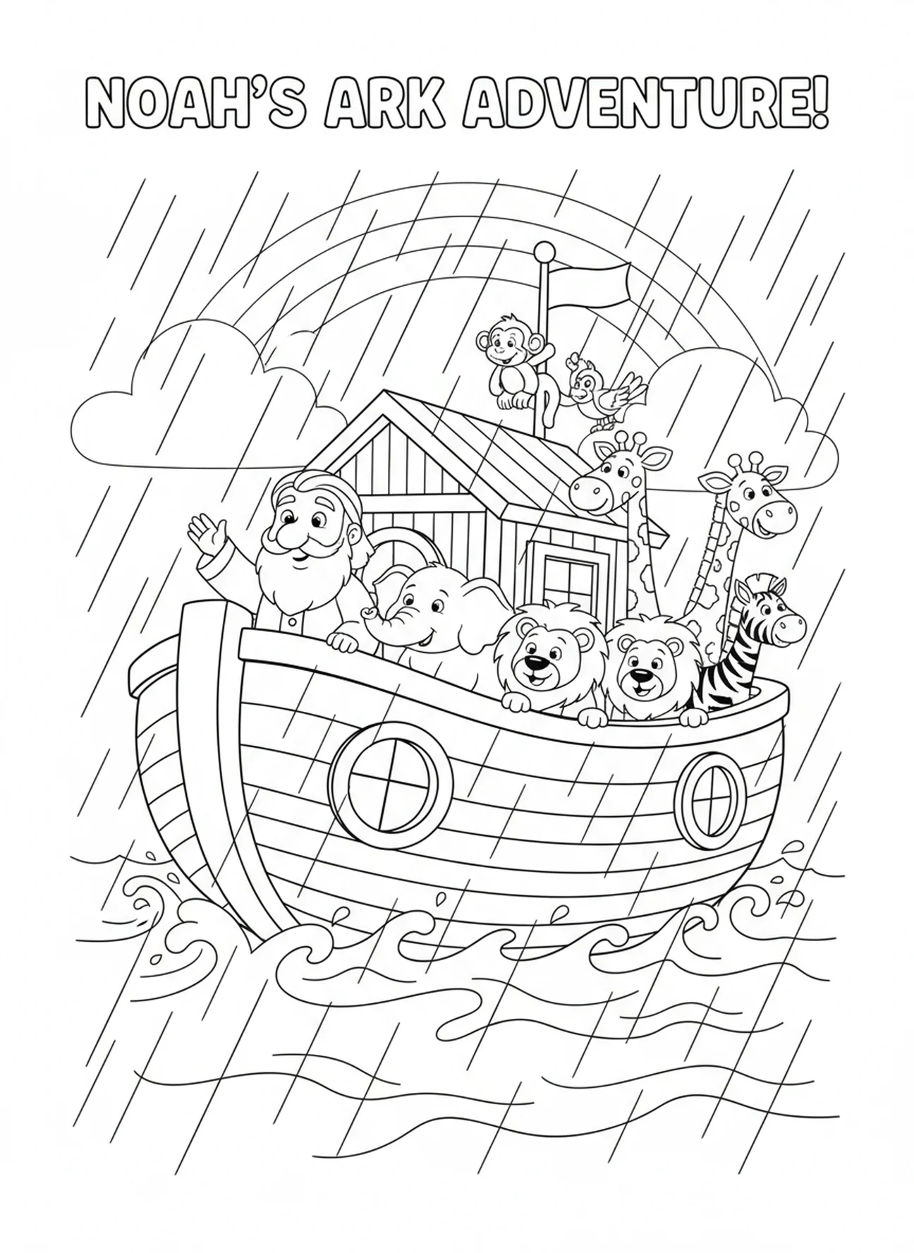 Noah and animals on the ark, Confirmation coloring page for kids age 5-10