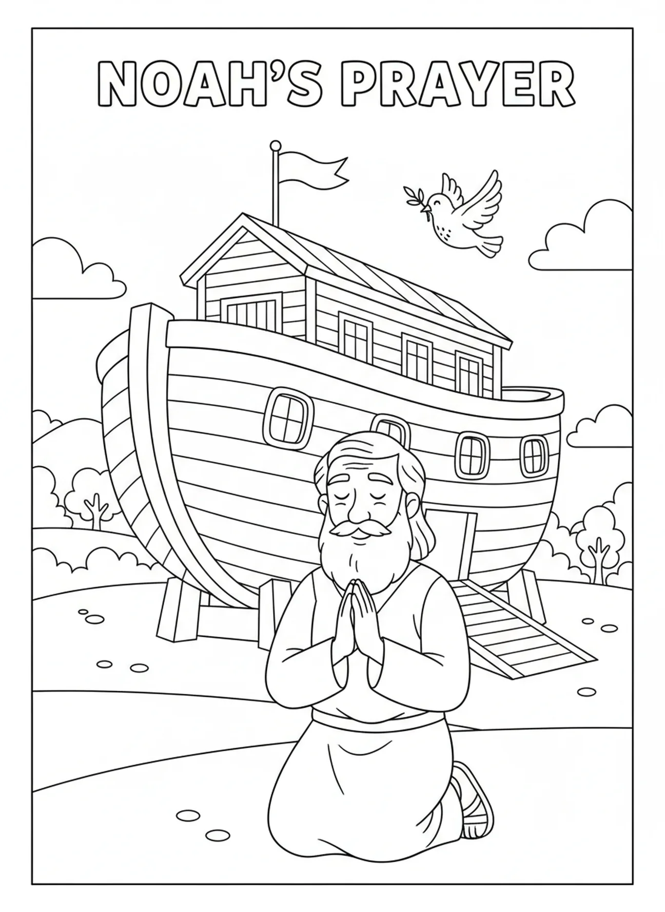 Noah kneeling in prayer, Confirmation coloring page for kids age 5-10