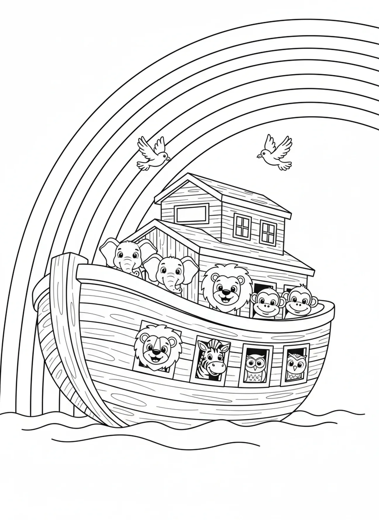 Rainbow arching over the ark, Confirmation coloring page for kids age 5-10