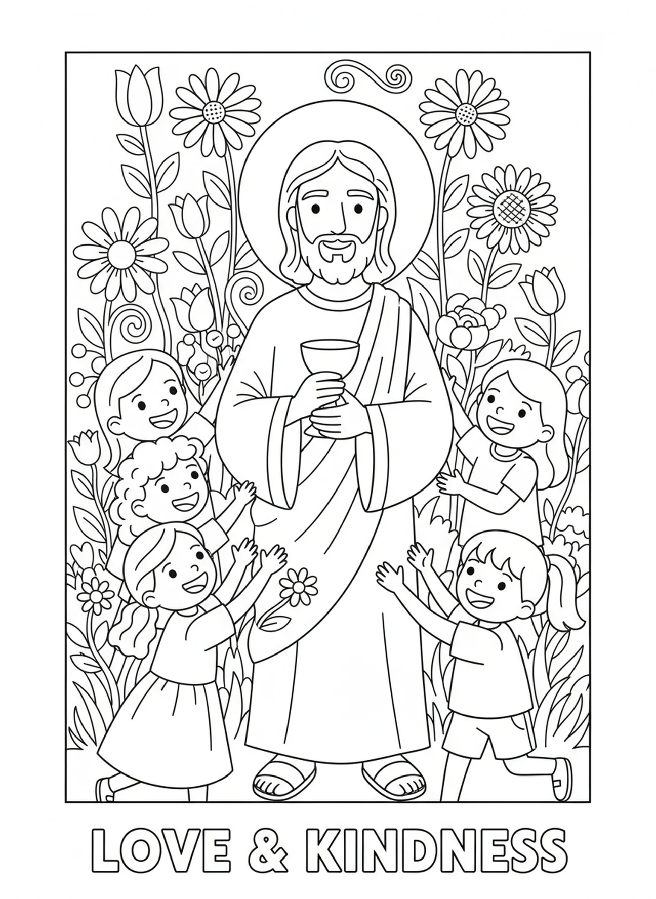Jesus holding the cup, Last Supper coloring page for kids age 5-10.