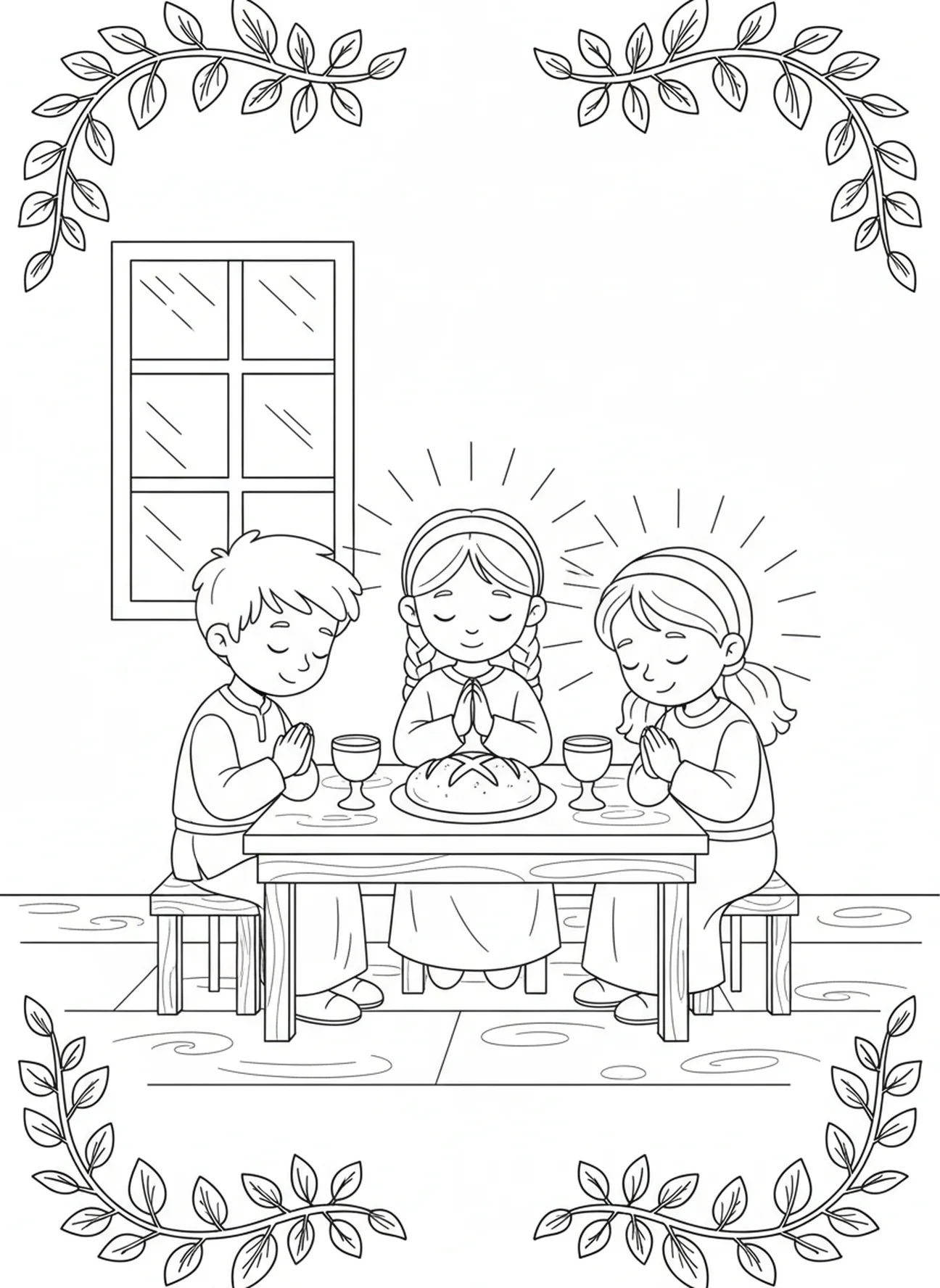 Children praying at the table, Last Supper coloring page for kids age 5-10.