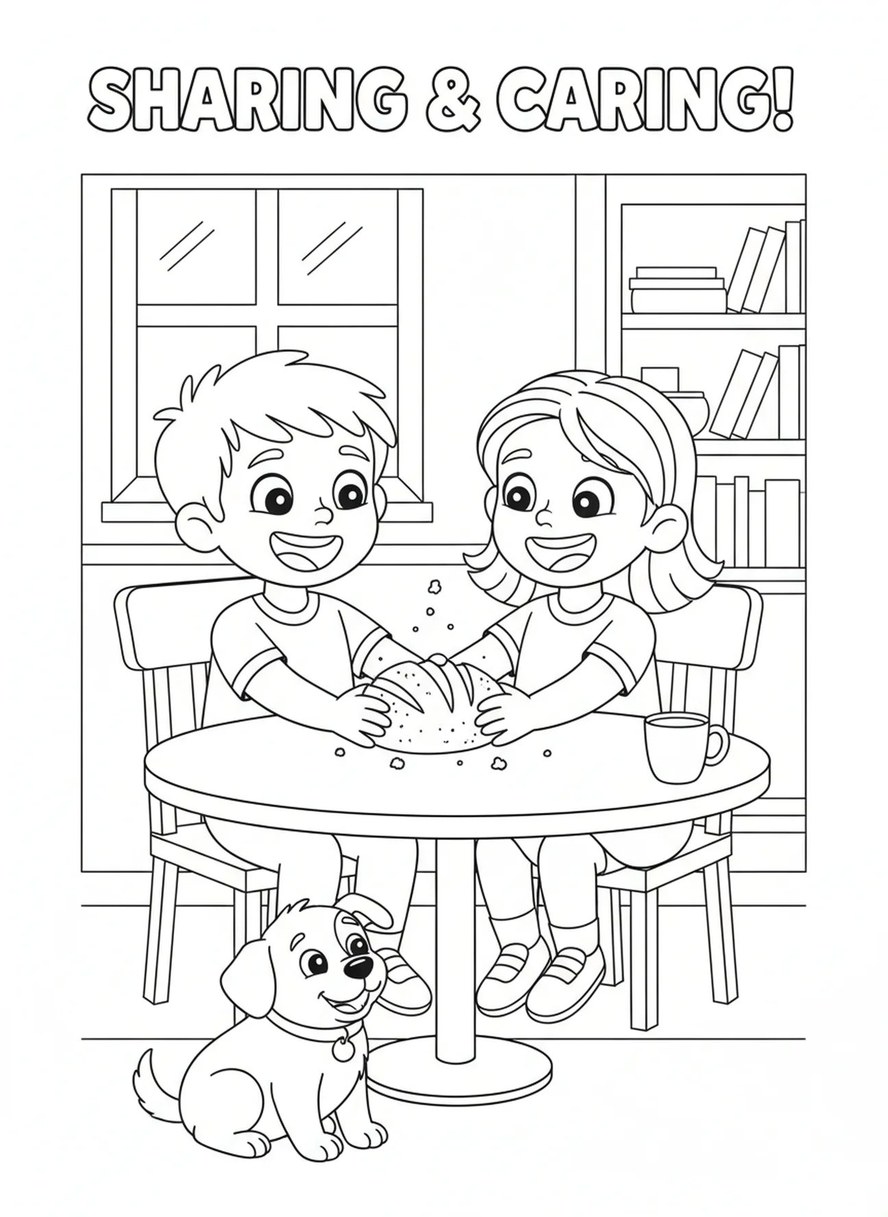Children sharing bread, Last Supper coloring page for kids age 5-10.