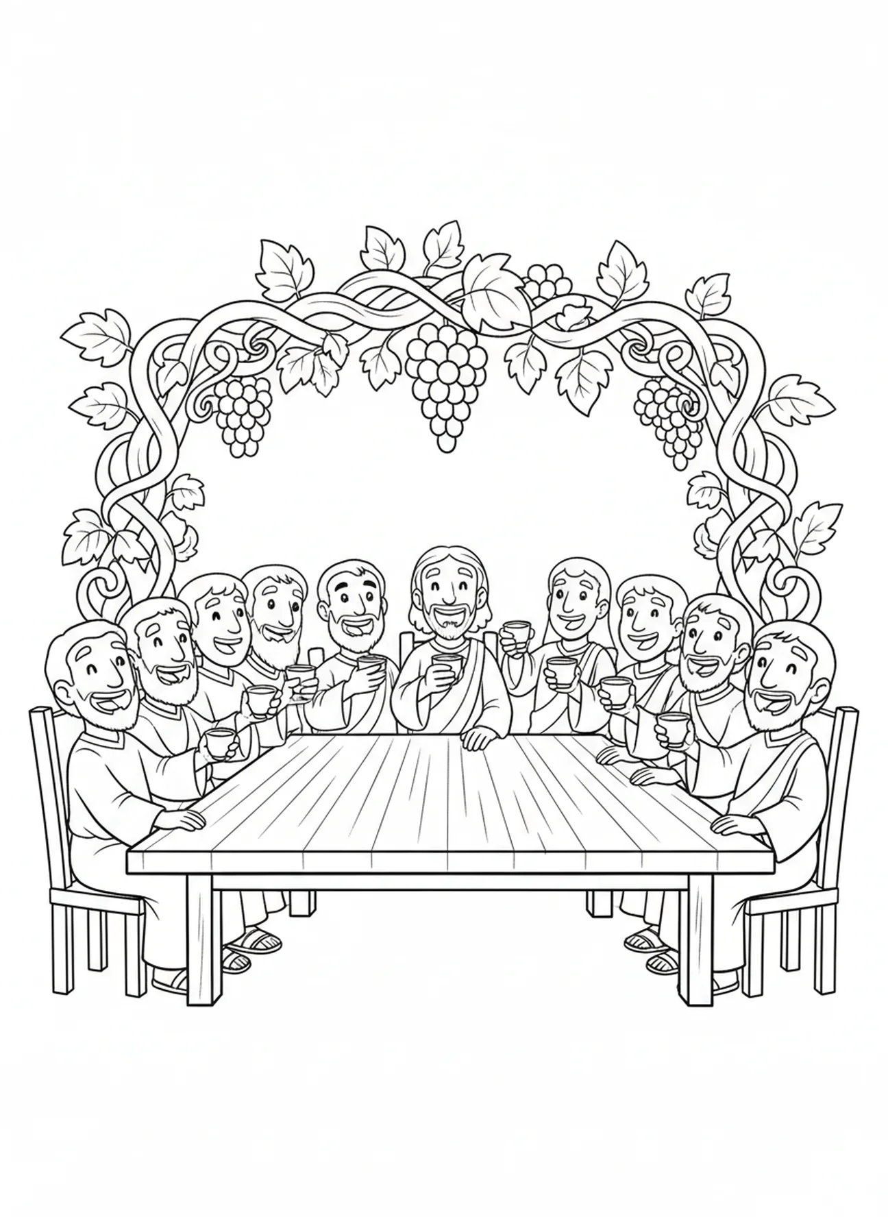 Twelve smiling disciples, Last Supper coloring page for kids age 5-10.