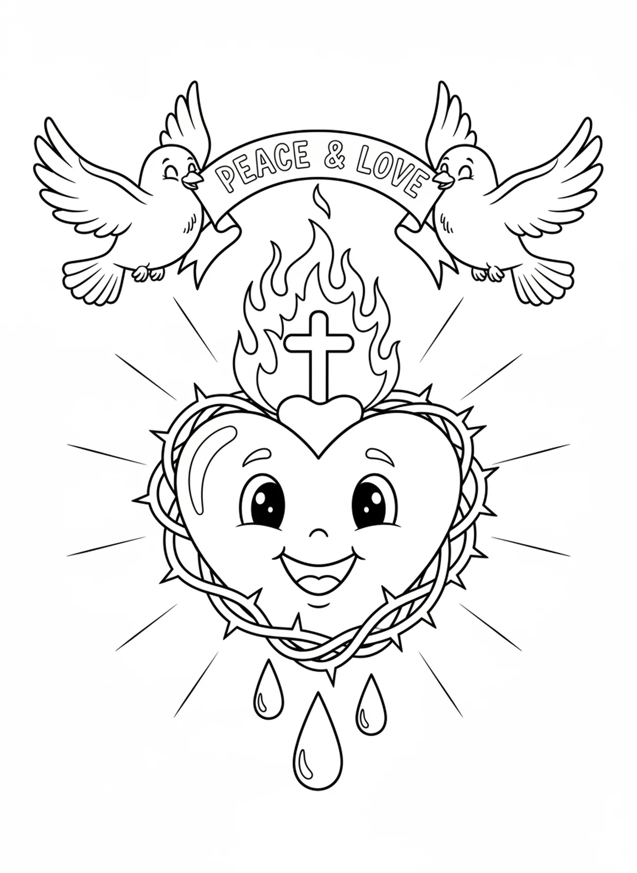 Símbolo del Sagrado Corazón con palomas volando, página para colorear del Sagrado Corazón para niños de 5 a 10 años