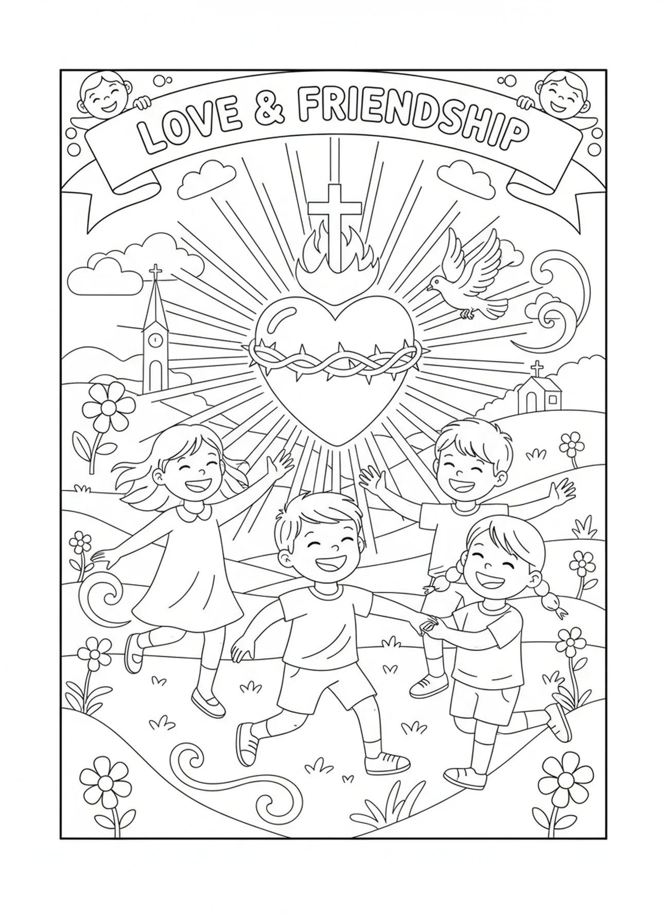 Niños jugando alrededor del símbolo del Sagrado Corazón, página para colorear del Sagrado Corazón para niños de 5 a 10 años