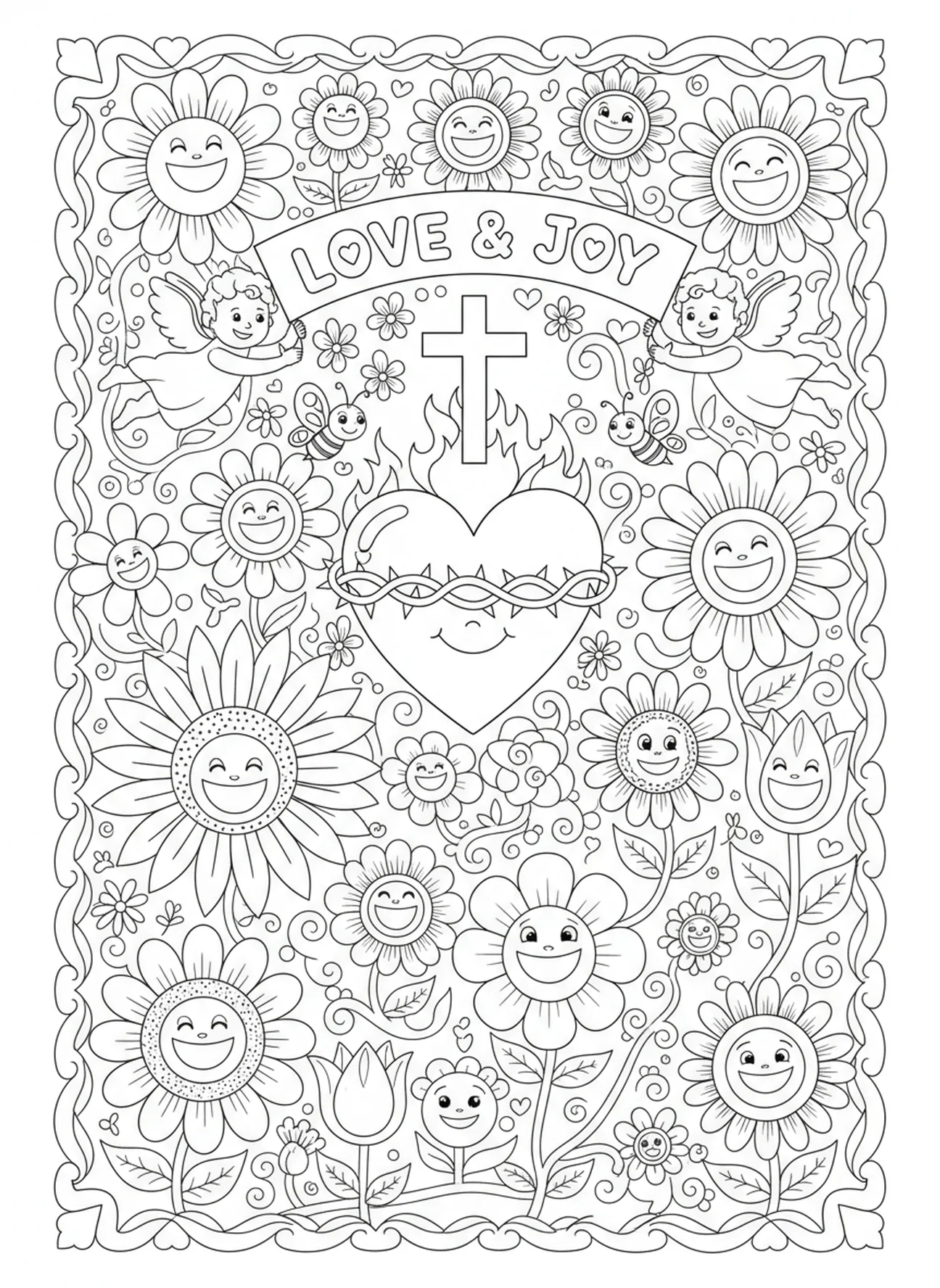Símbolo del Sagrado Corazón con flores sonrientes, página para colorear del Sagrado Corazón para niños de 5 a 10 años