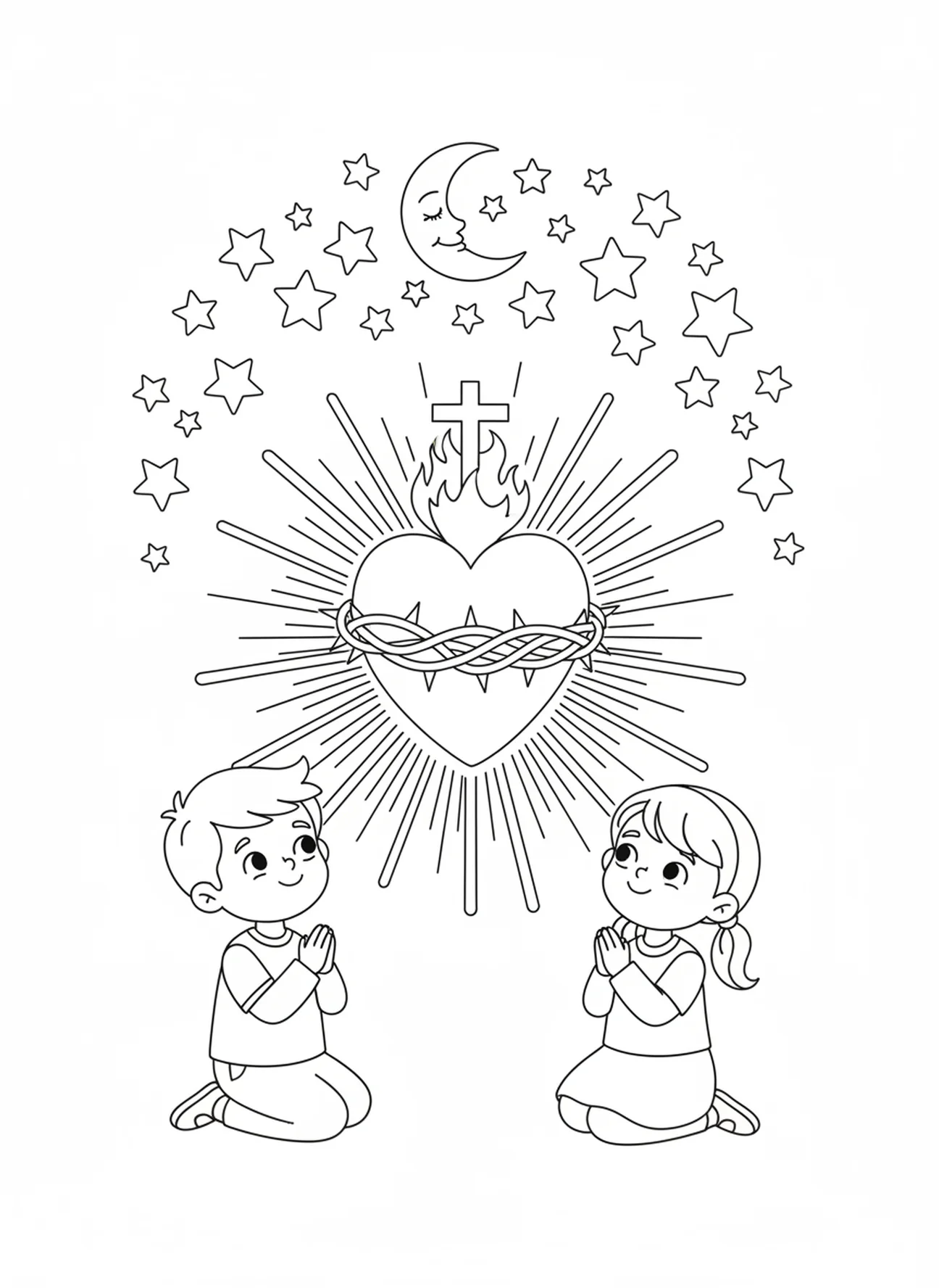 Símbolo del Sagrado Corazón bajo estrellas brillantes, página para colorear del Sagrado Corazón para niños de 5 a 10 años