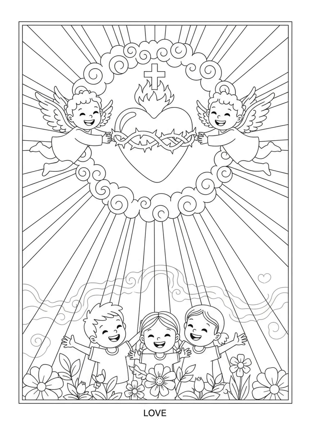 Símbolo del Sagrado Corazón con rayos de sol brillantes, página para colorear del Sagrado Corazón para niños de 5 a 10 años