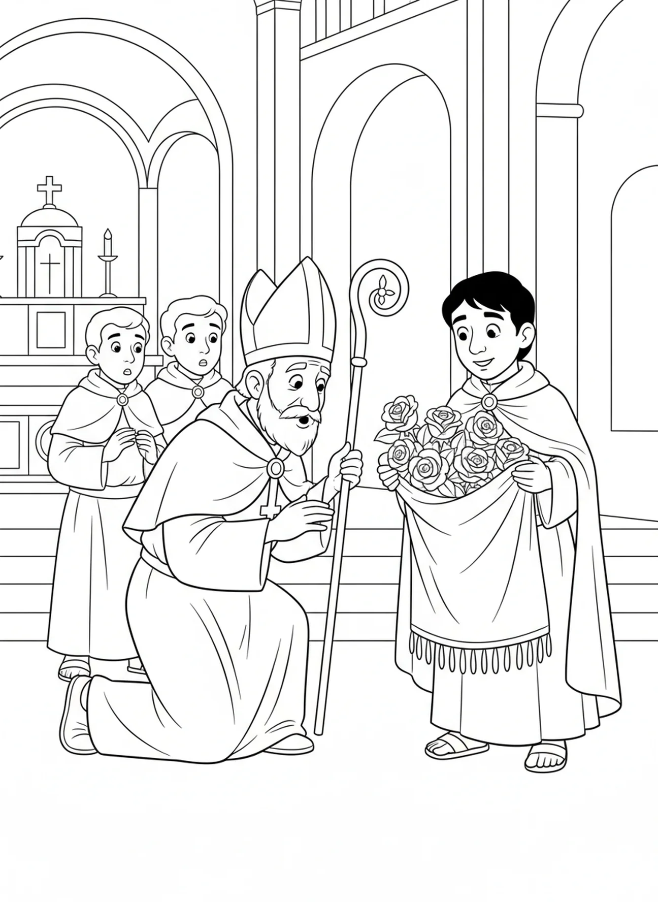 Un évêque examine des roses avec curiosité, page à colorier de Notre-Dame de Guadalupe pour les enfants de 5 à 10 ans.