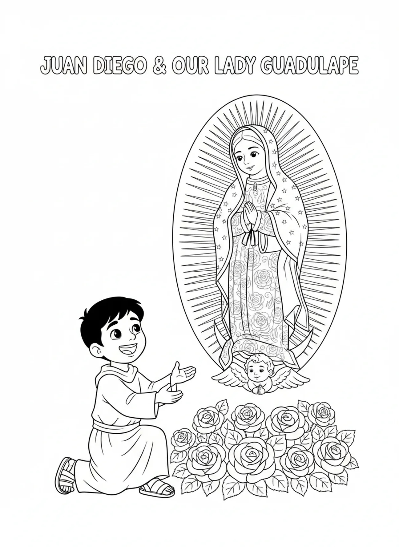Juan Diego s'approche avec enthousiasme de Notre-Dame de Guadalupe, page à colorier Notre-Dame de Guadalupe pour les enfants de 5 à 10 ans.