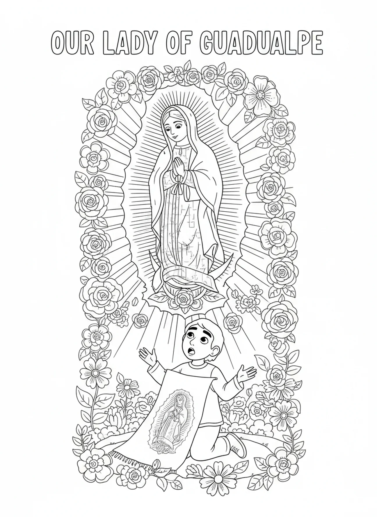 Notre-Dame de Guadalupe apparaissant dans la lumière, Juan Diego regardant avec émerveillement, page à colorier Notre-Dame de Guadalupe pour les enfants de 5 à 10 ans.