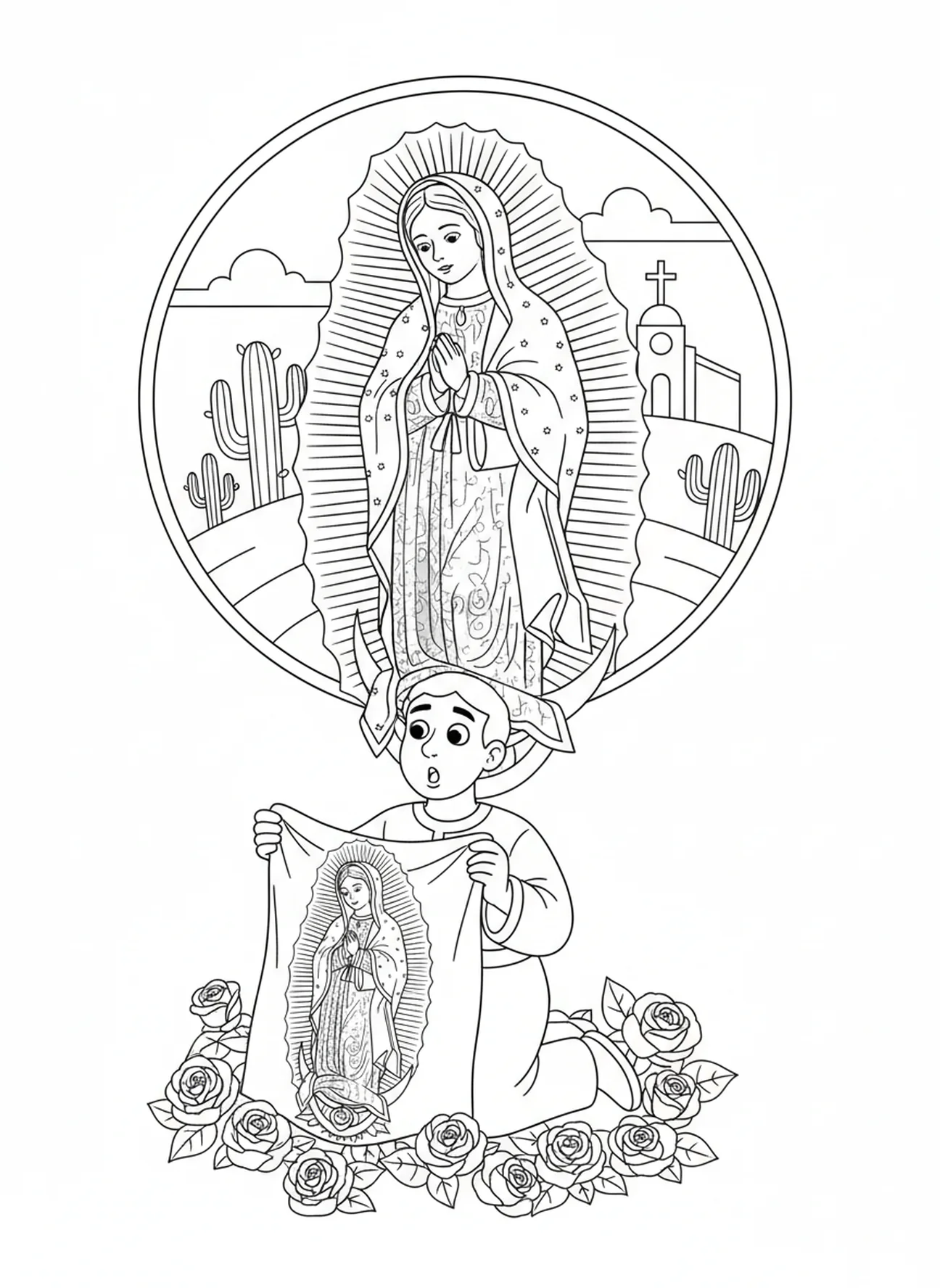 Image miraculeuse de Notre-Dame de Guadalupe sur le manteau, page à colorier Notre-Dame de Guadalupe pour les enfants de 5 à 10 ans.