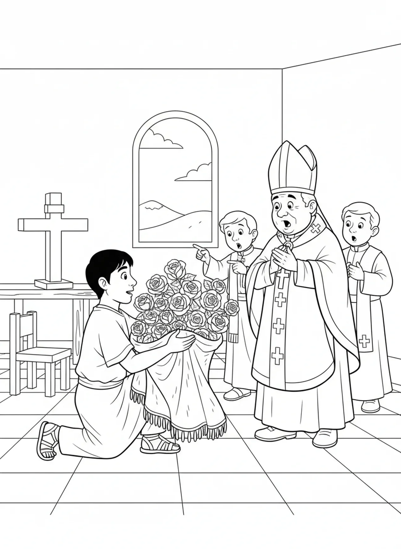 Juan Diego présentant des roses de son manteau, page à colorier de Notre-Dame de Guadalupe pour les enfants de 5 à 10 ans.